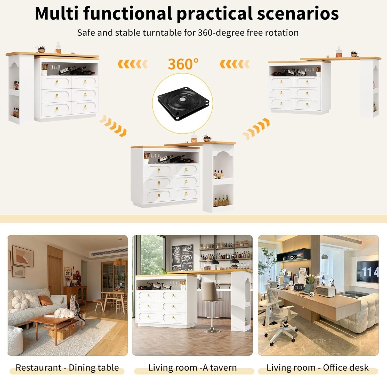 360° Swivel Bar Table w/ 6 Drawers & Storage Shelves Extendable White Furniture