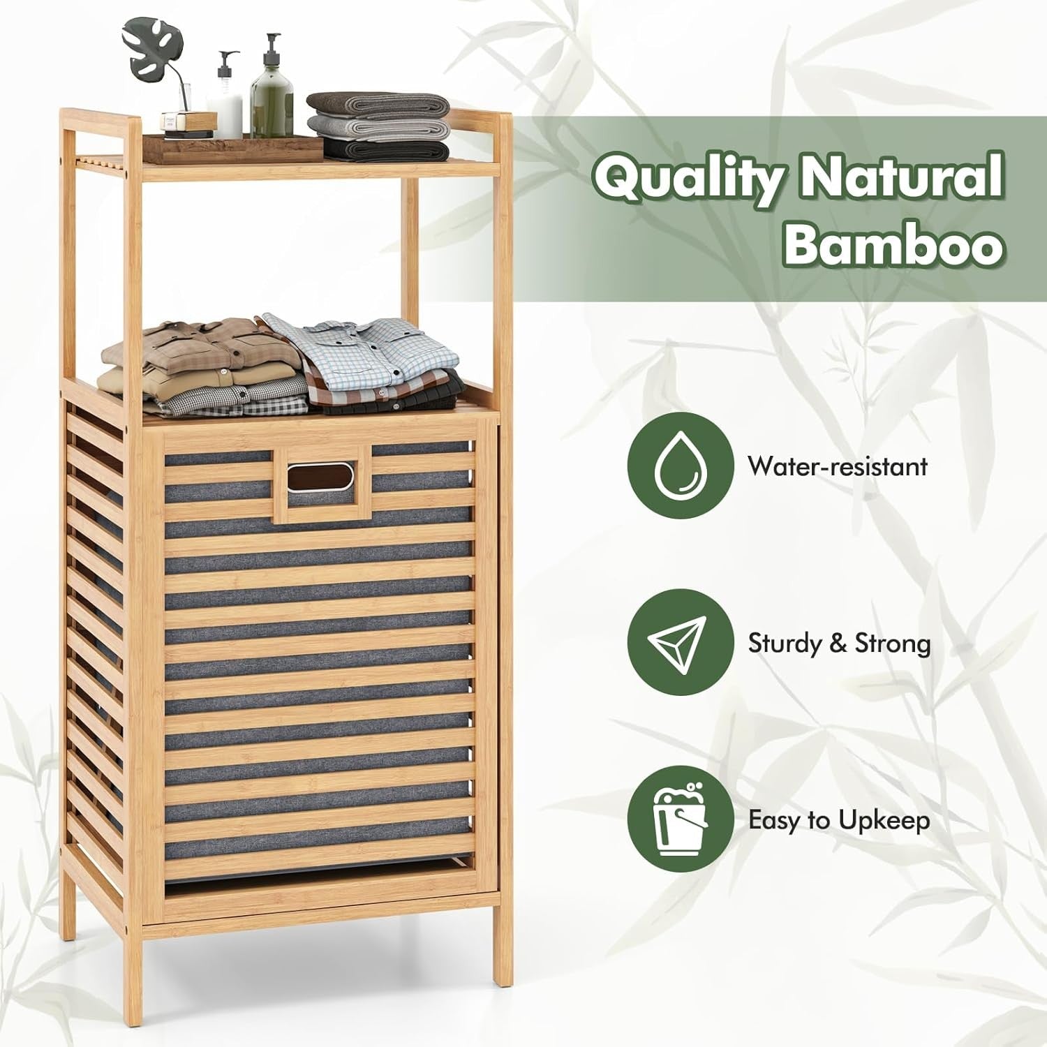 Bamboo Laundry Hamper Cabinet Tilt Out Storage Shelf with Removable Bag