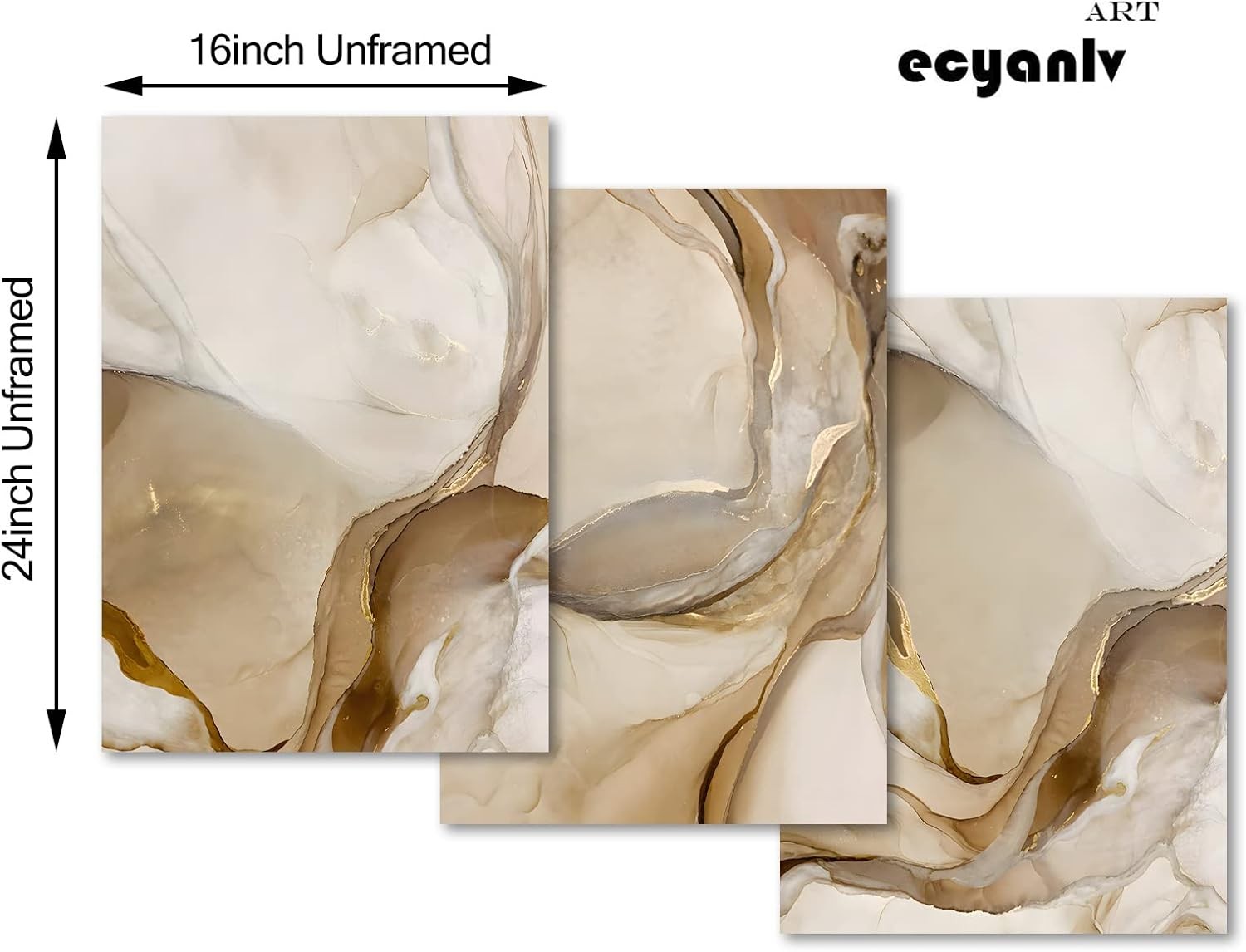 Brown Gold Marble Wall Art Set 16x24in Abstract Canvas