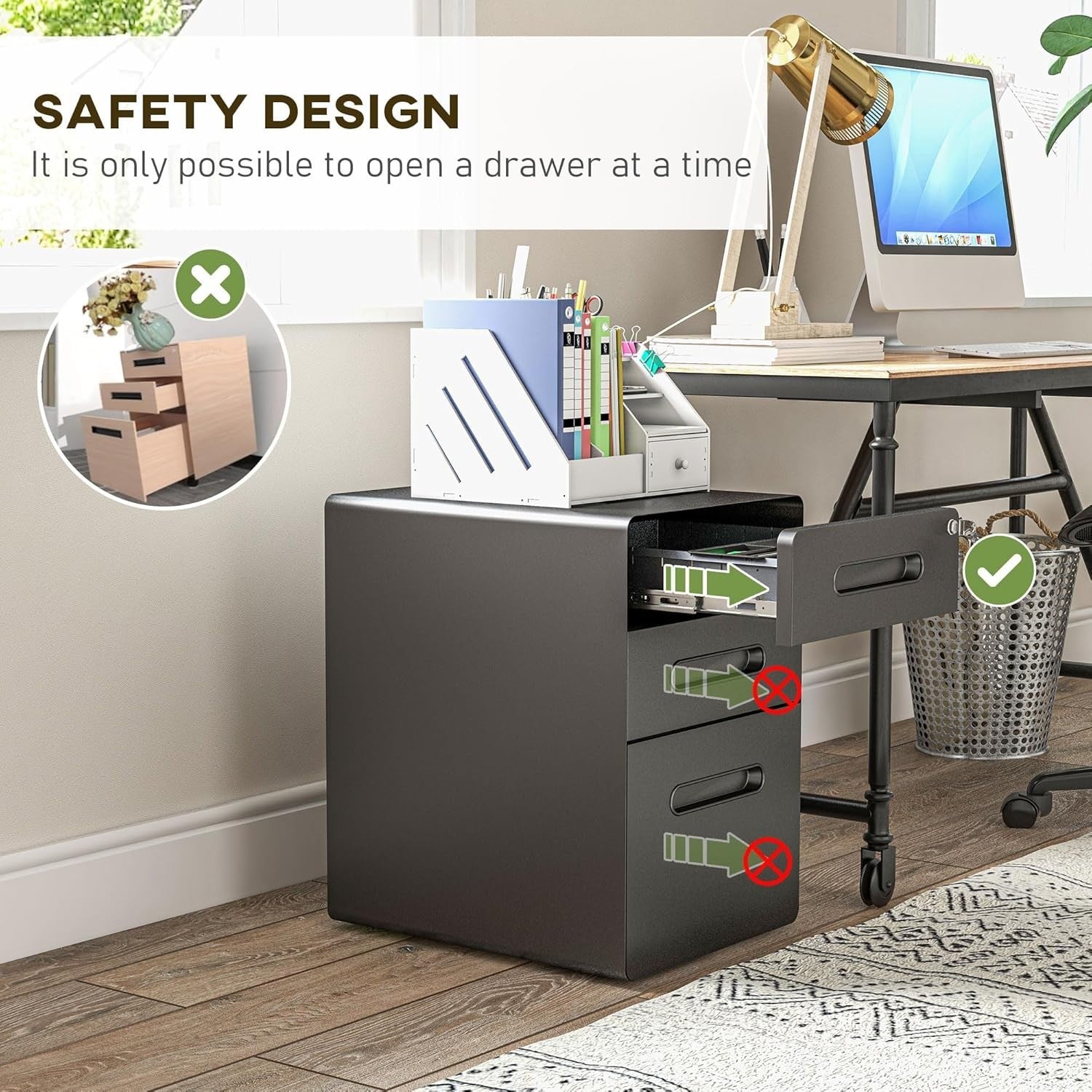 Black 3 Drawer Lockable Filing Cabinet with Wheels – A4 Vertical Office Storage