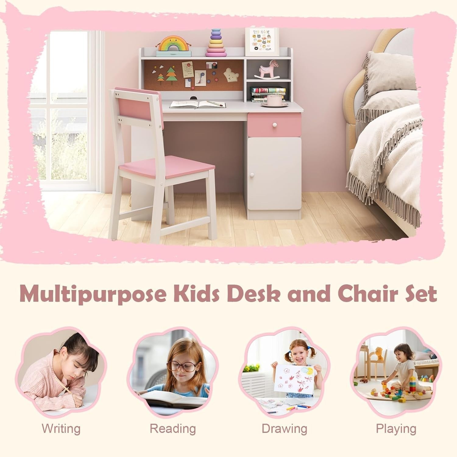 Kids Study Desk & Chair Set Pink White – Storage Shelves, Drawer, Cork Board