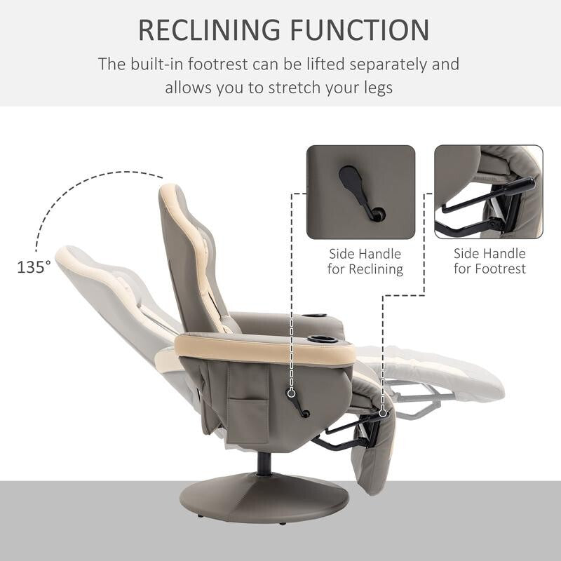 Gaming Recliner Chair Swivel Armchair w/ Footrest Cup Holders Pockets Grey (SV)