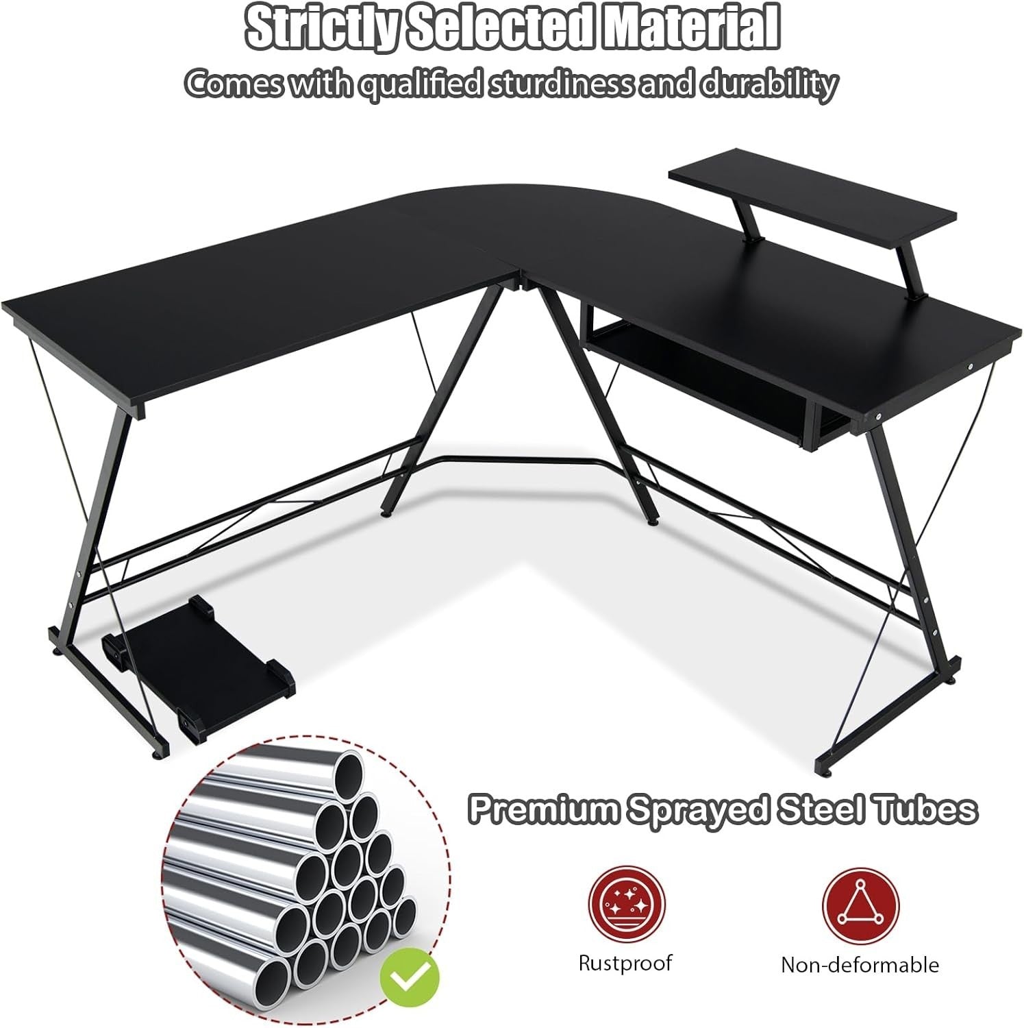 Black L-Shaped Computer Desk with Keyboard Tray & Monitor Shelf