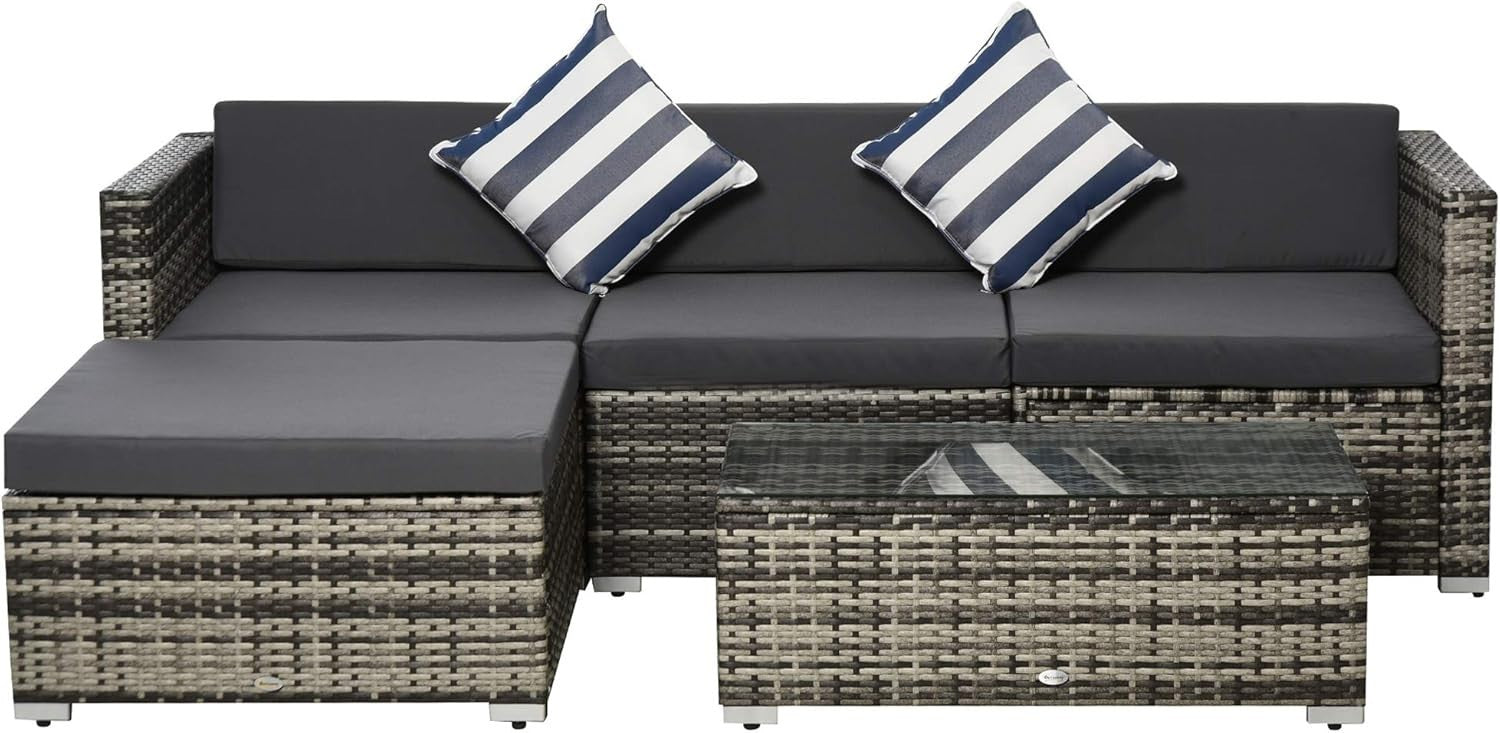 5PC Grey Rattan Outdoor Patio Sofa Set Modular Cushions Glass Table