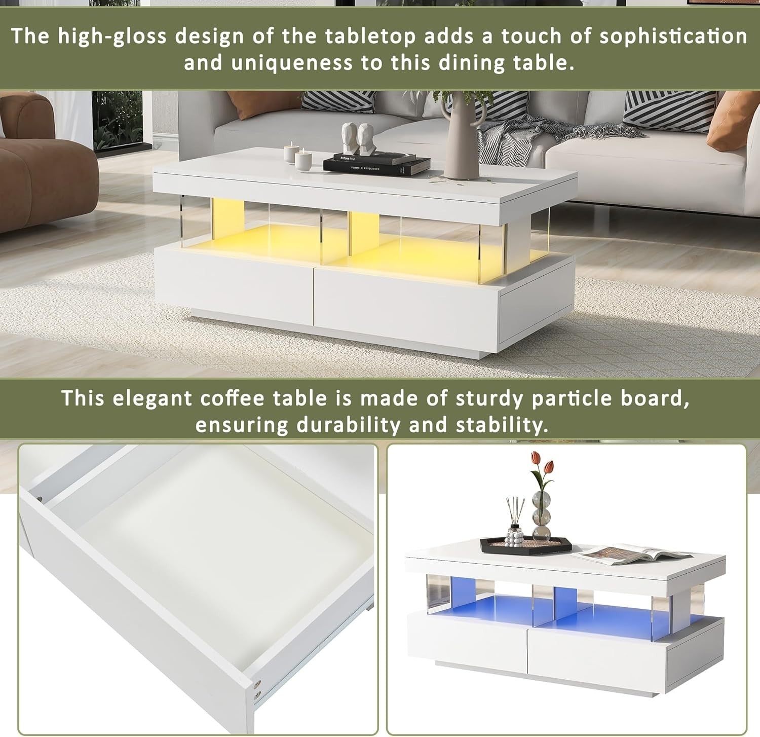 White LED Coffee Table with 2 Drawers & Open Storage, High Gloss 100x60cm