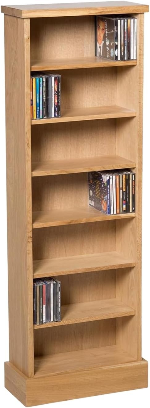 Solid Oak CD DVD Storage Tower 7 Shelf Media Bookcase Display Unit
