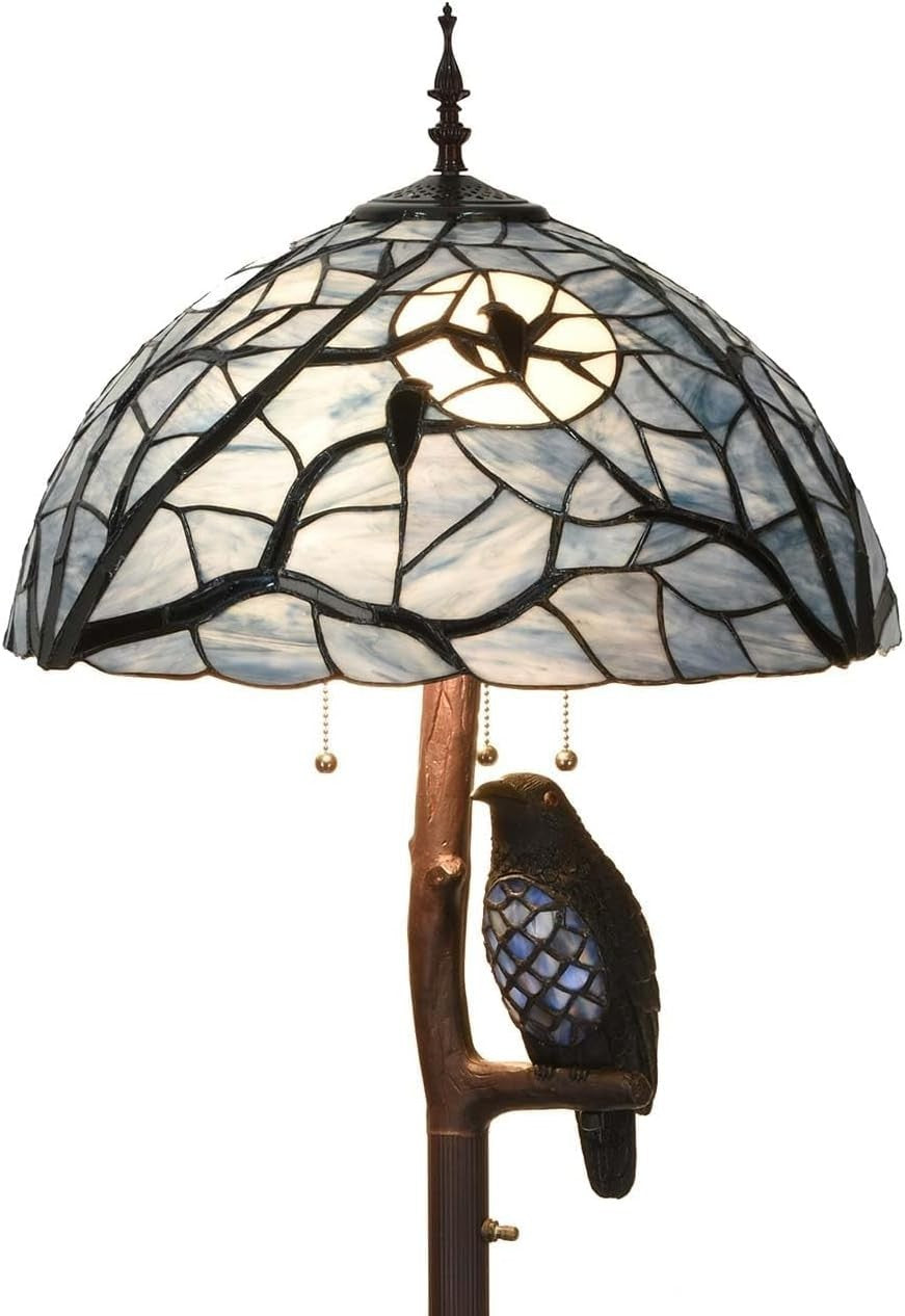 Stained Glass Owl Floor Lamp 65” Tall Antique Branch Design Full Moon Light