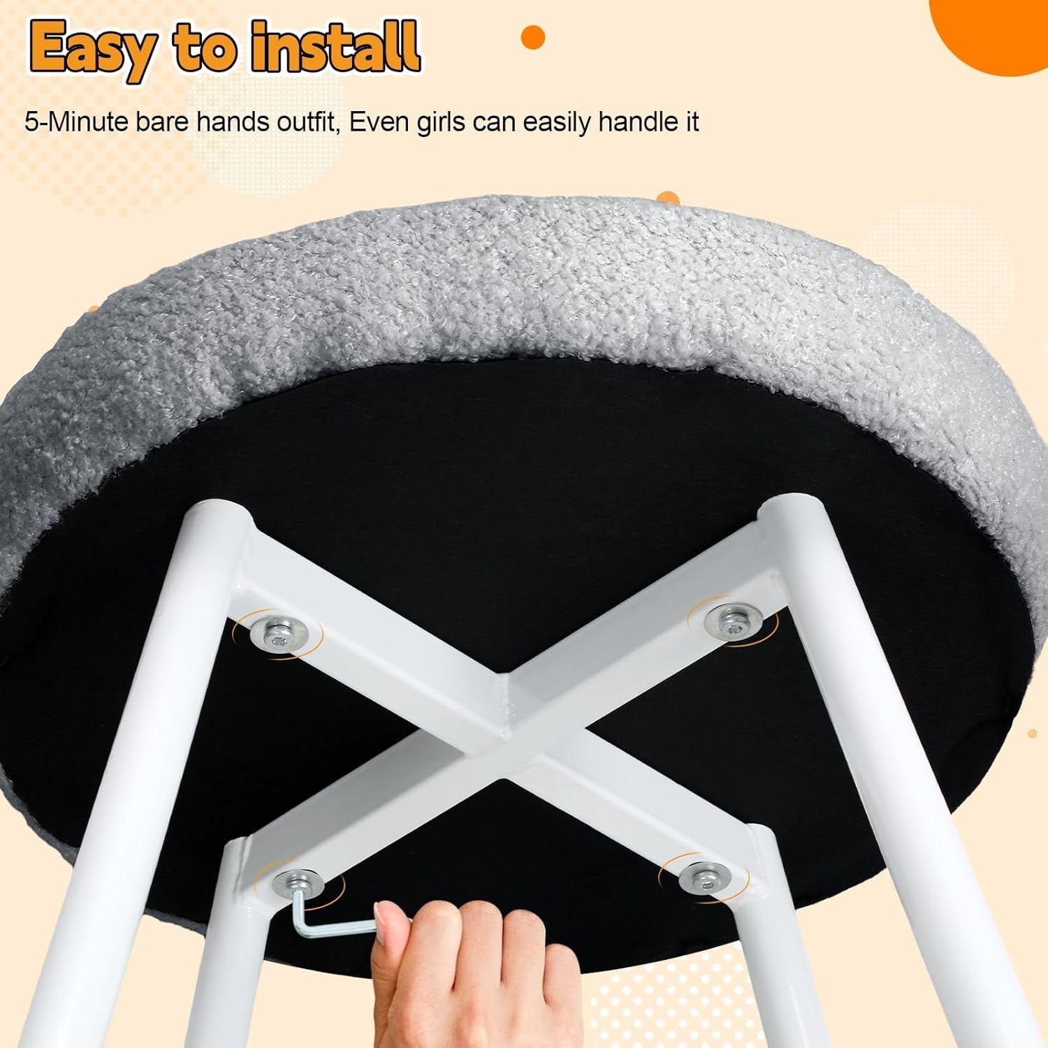 Grey Bowknot Vanity Stool Faux Wool Makeup Chair Adjustable Feet Modern