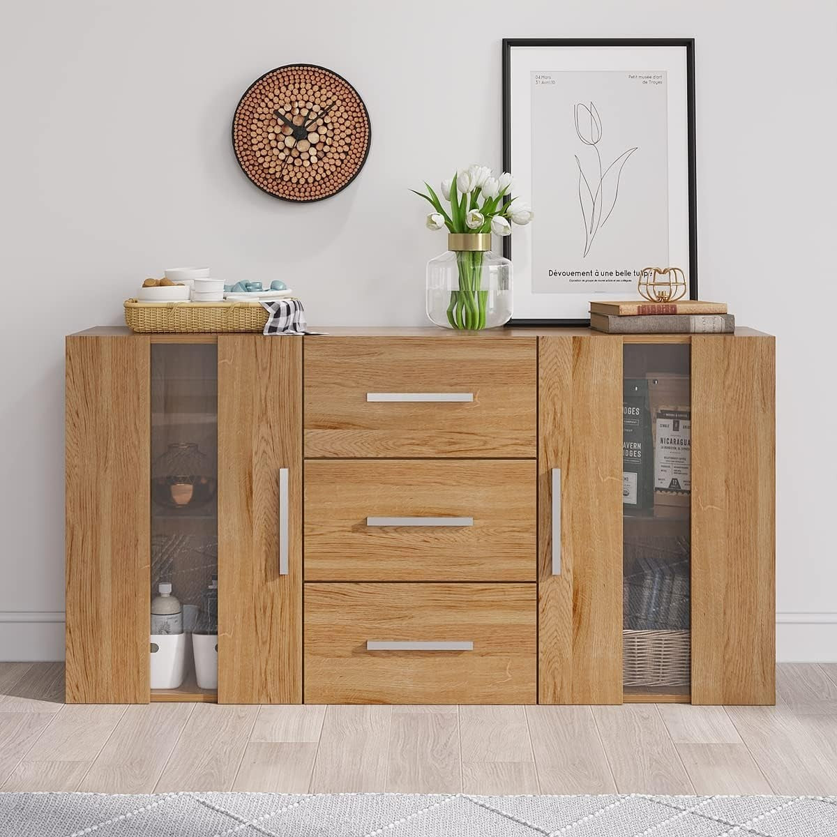 LED Sideboard Cabinet with Drawers, Glass Doors & Storage Lights, Oak
