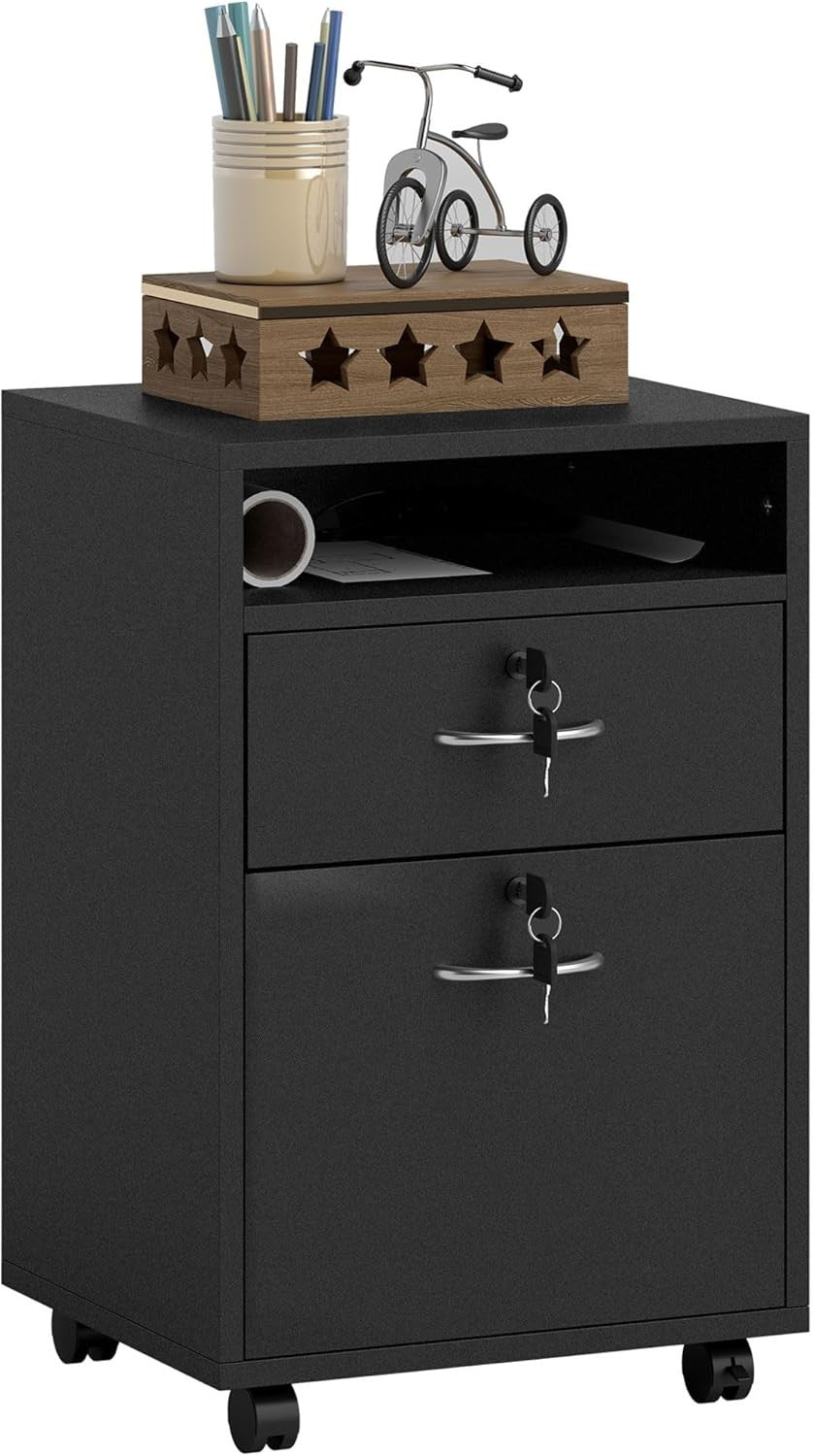 Black Mobile Filing Cabinet with Lockable Drawer & Wheels for Home Office