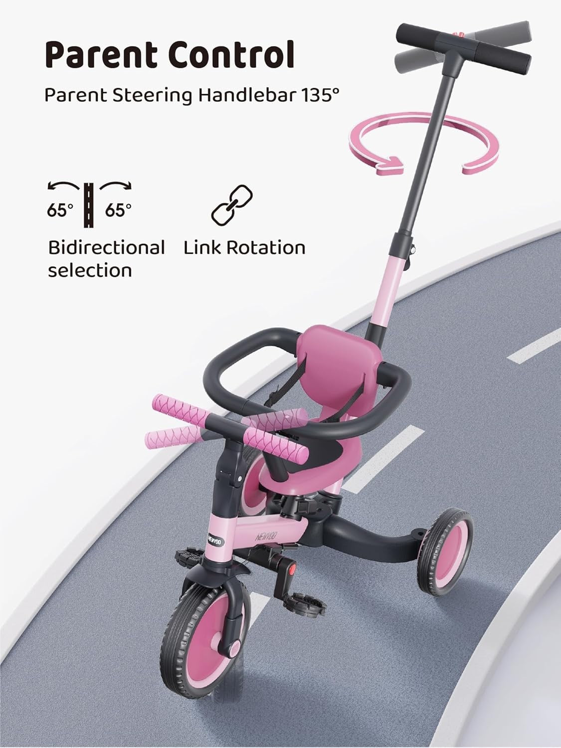 5 in 1 Toddler Tricycle Parent Handle Safety Guard Balance Bike Rose