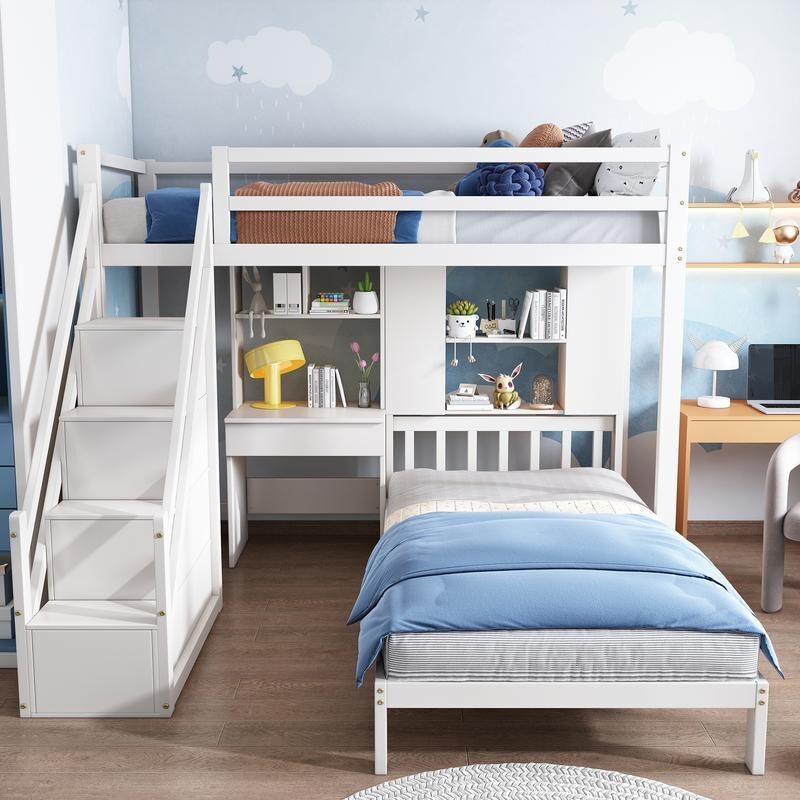 Kids Bunk Bed with Desk & Storage White 3FT Pine Wood Double Loft Bed 90x190cm