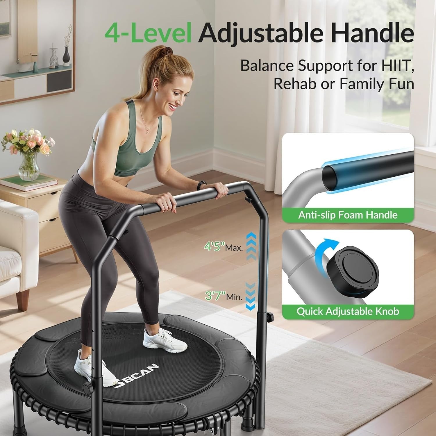 40in Fitness Rebounder Trampoline Adjustable Handle 450lb Silent Bungee
