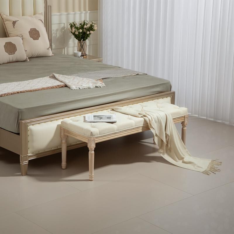 Tufted Cream End of Bed Bench Seat – Vintage Hallway Window Ottoman 115cm