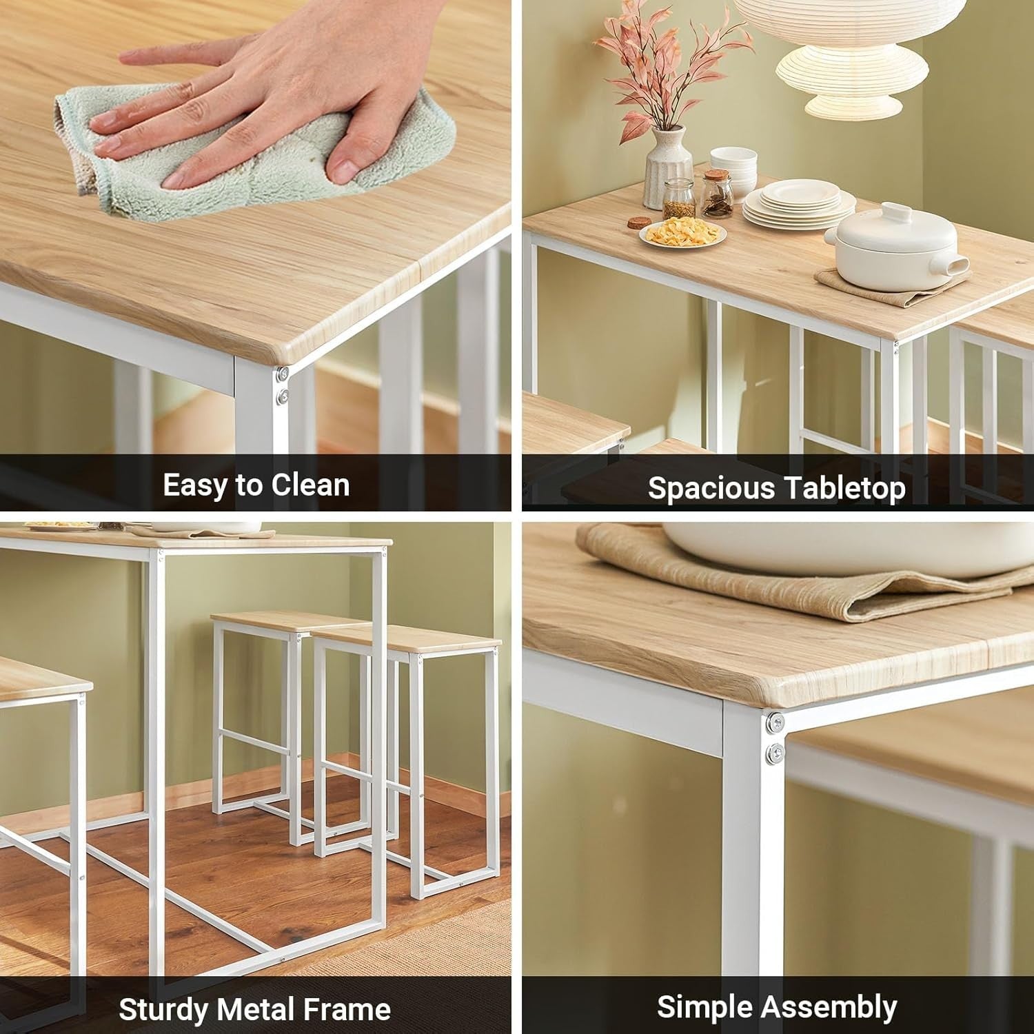 Compact Breakfast Bar Setup High Table Set 4 Stools, White & Natural 100×60cm