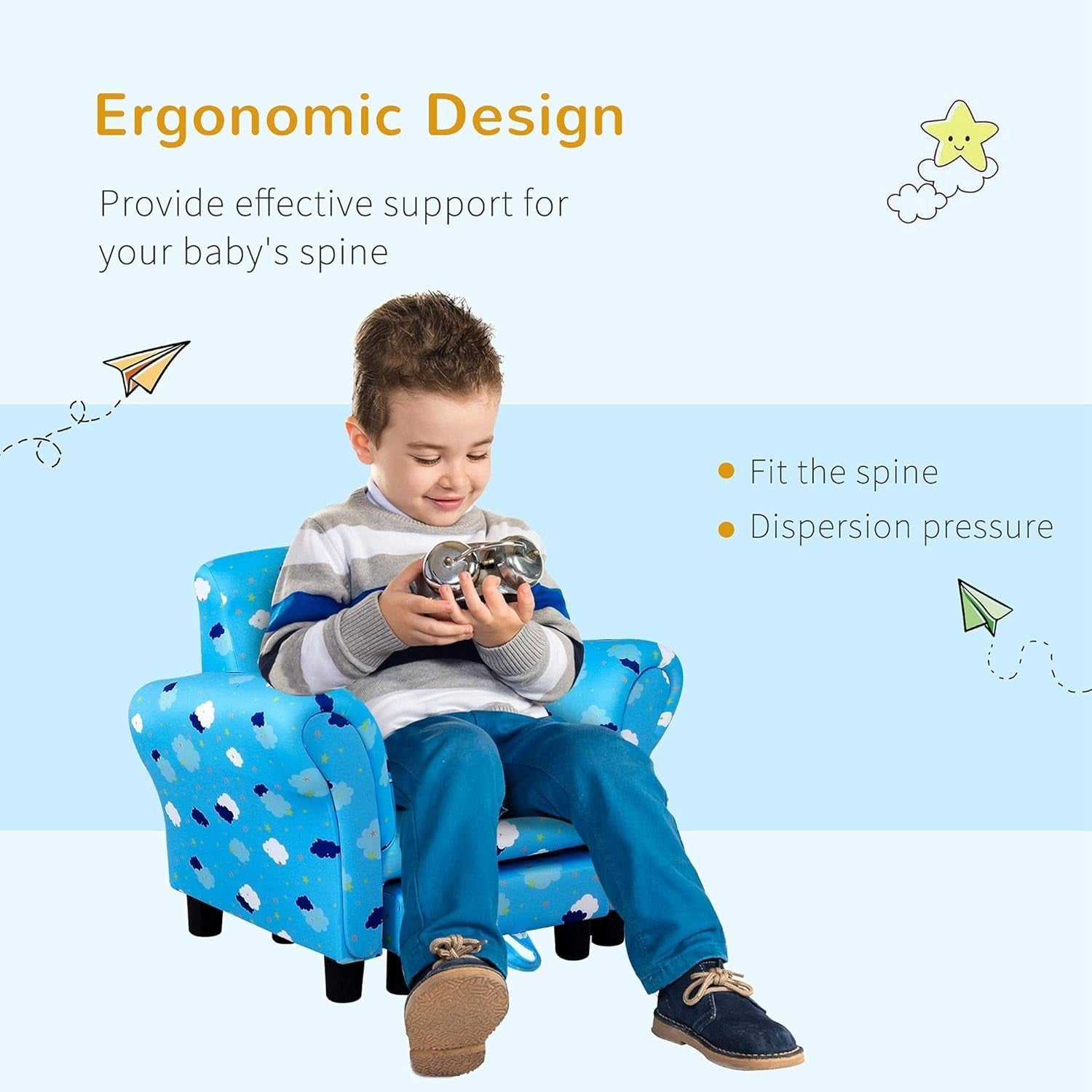 Toddler Armchair with Footrest Kids Sofa Chair Blue Cloud Star Design 18-36M