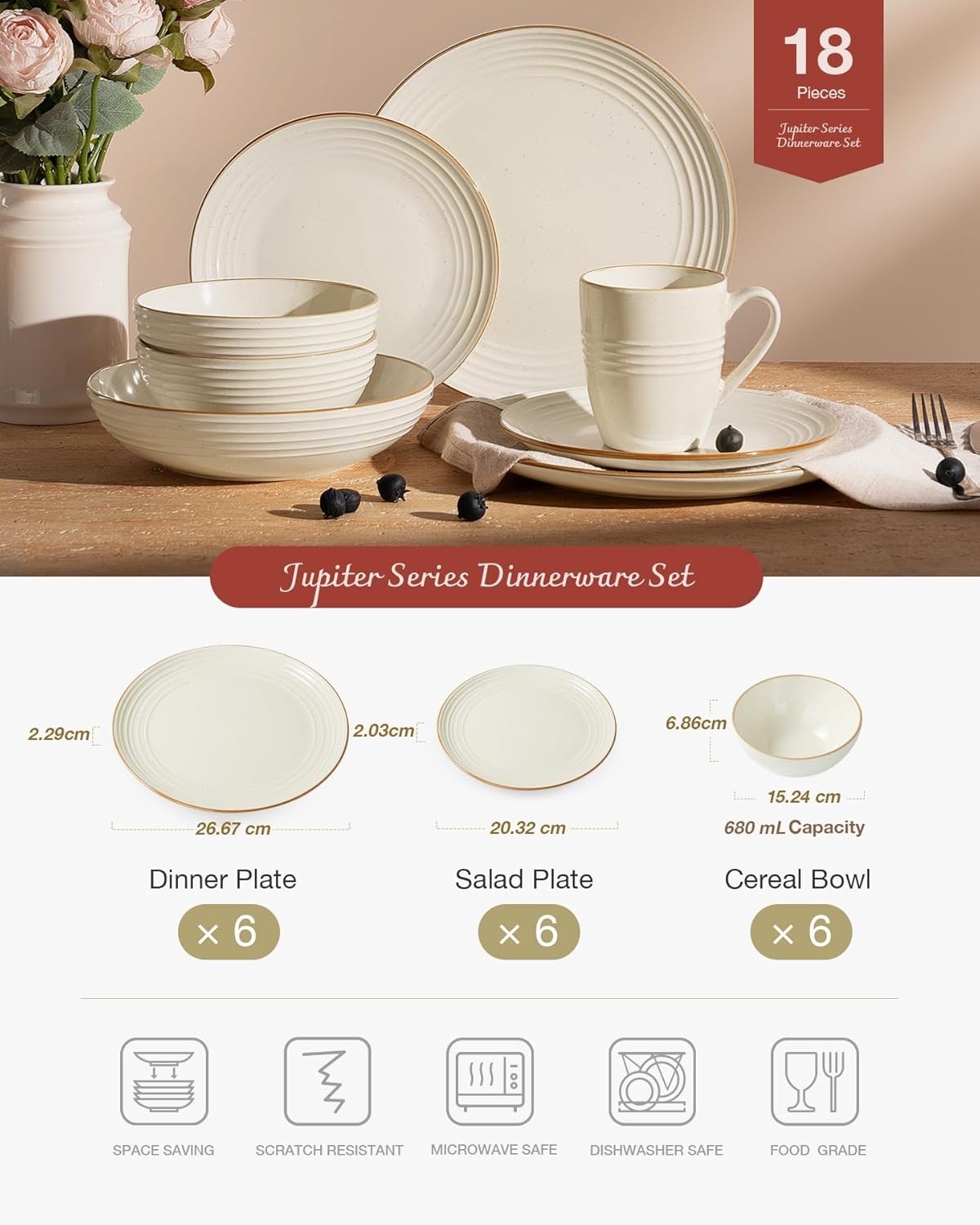 18pc Stoneware Dinner Set Cream White Gold Rim Plates Bowls Dishwasher Safe