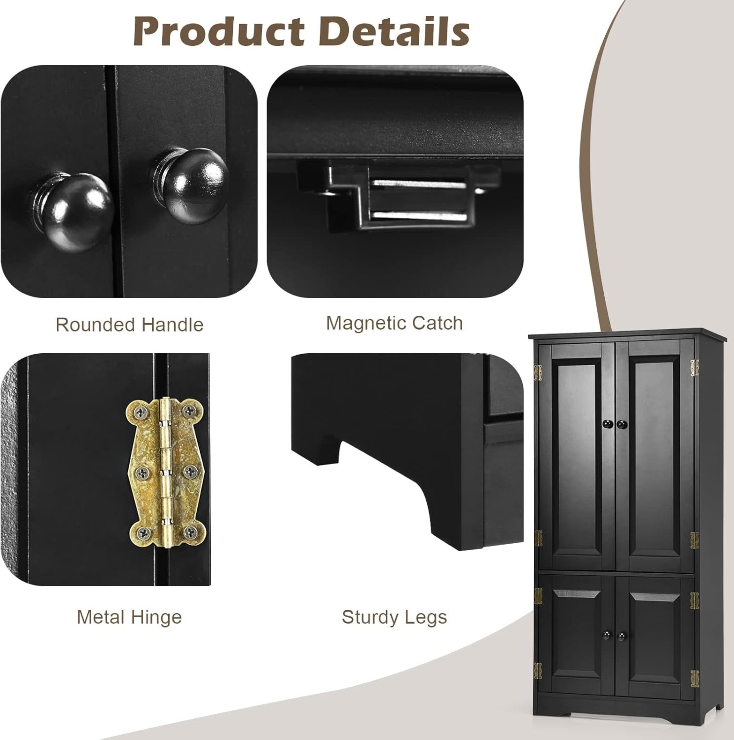 Black Wood Storage Cabinet 4 Door Cupboard | Adjustable Shelves Freestanding Uni