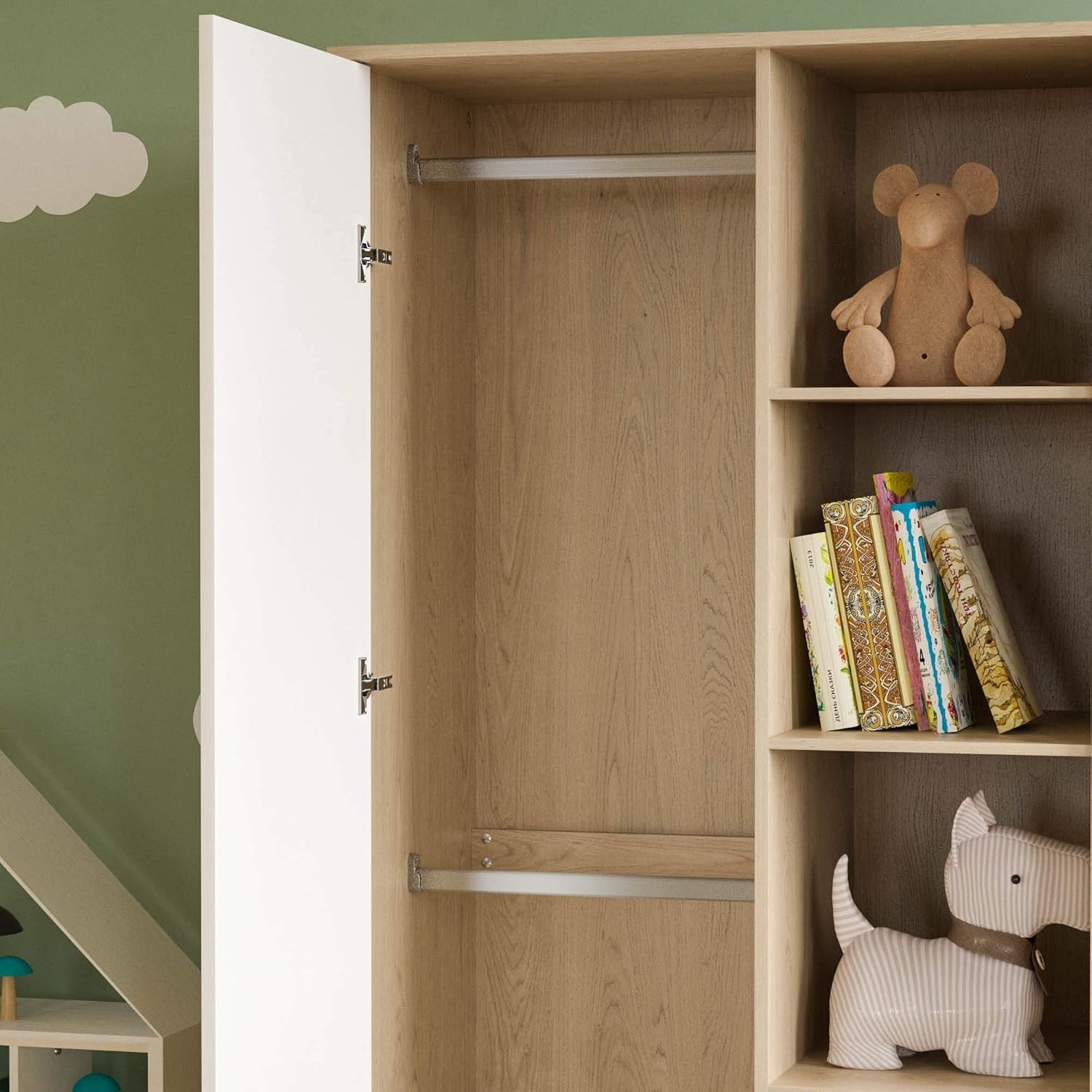 Children’s Wardrobe with Shelves & Rail, White Oak Kids Storage Cabinet