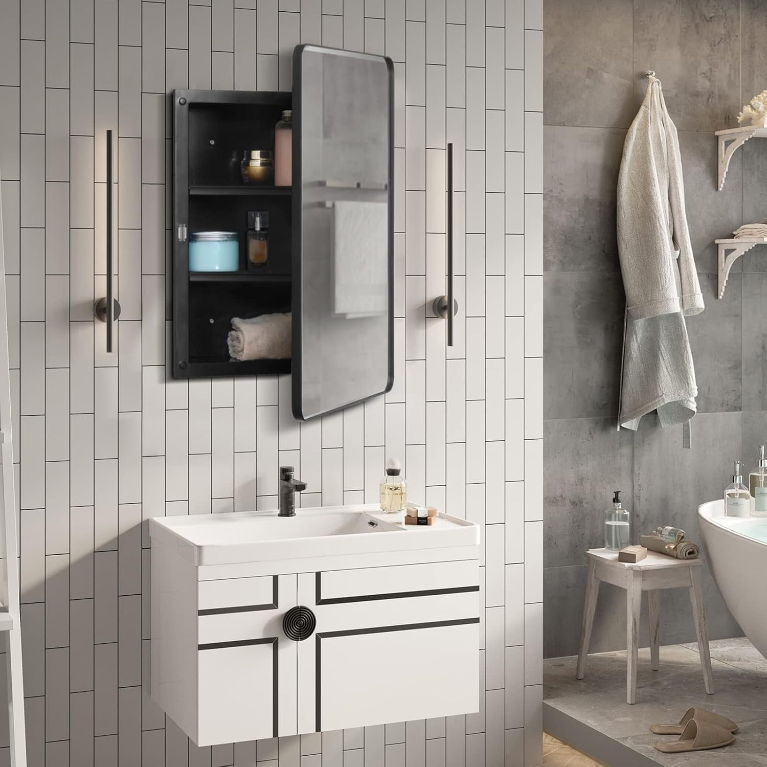Wall-Mounted Plastic Mirror Cabinet with Adjustable Shelves & Storage