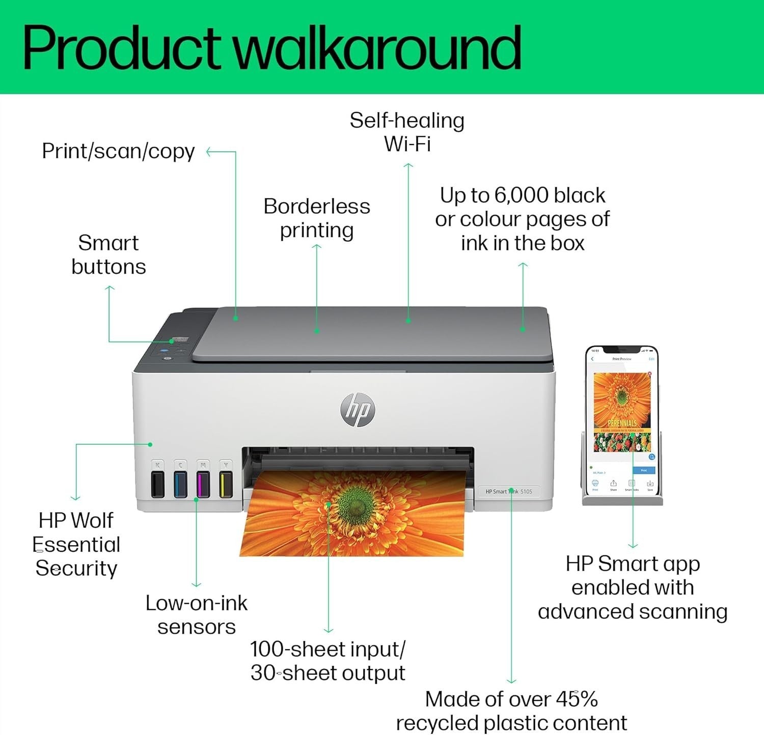 White A4 Colour Inkjet Smart Tank Printer Wireless Refillable Home Use