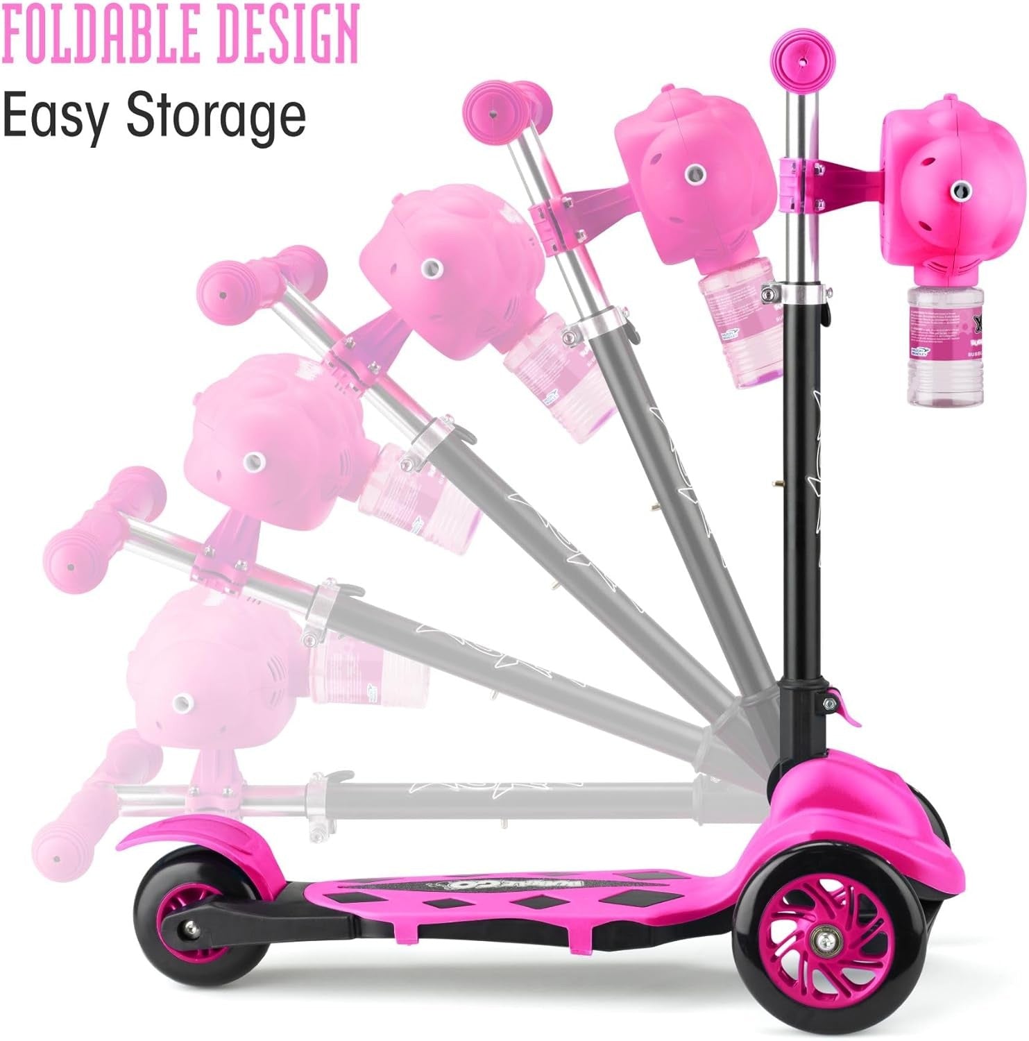 Kids 3 Wheel Bubble Scooter Foldable Tilt Turn Pink Age 3+