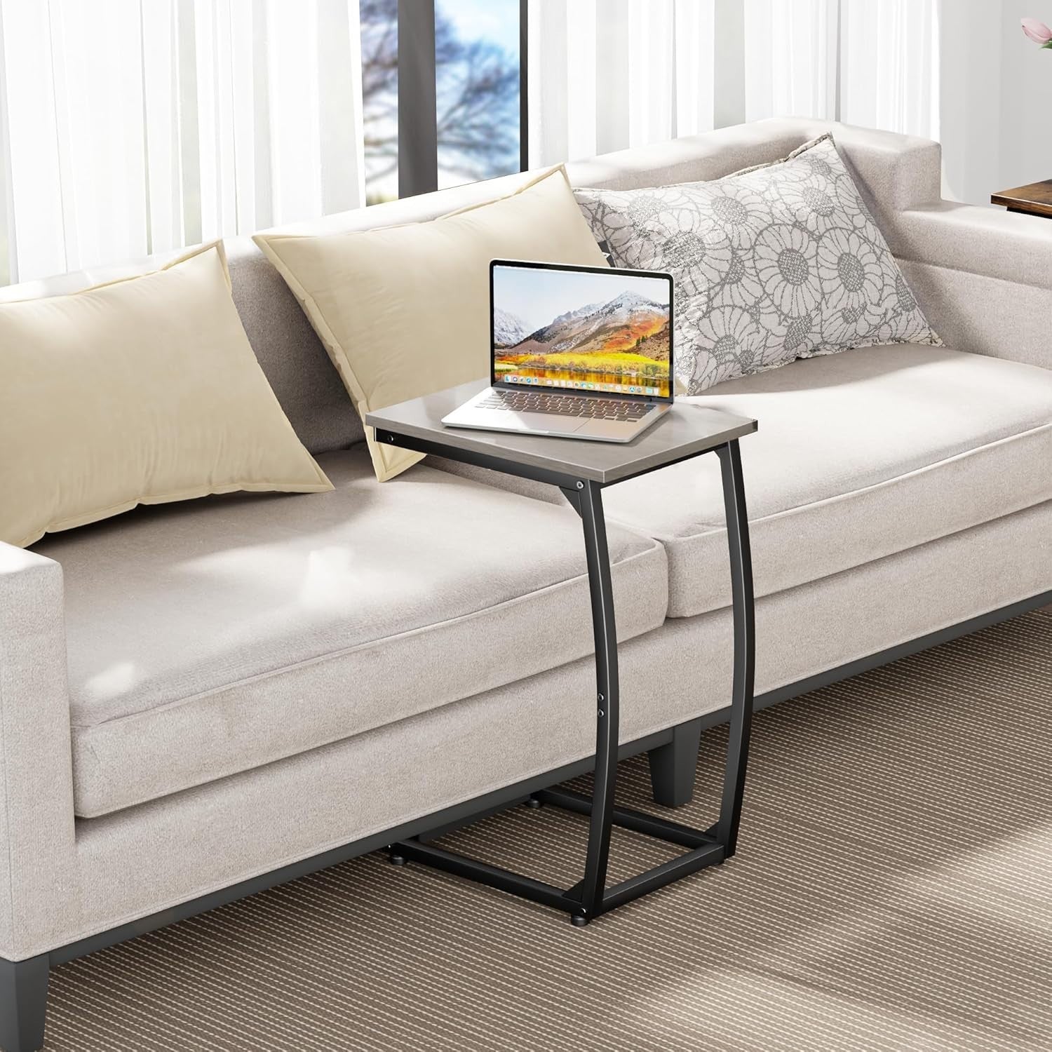 C Shaped Side Table Set of 2 Sofa TV Tray Tables Narrow Couch Snack Desk