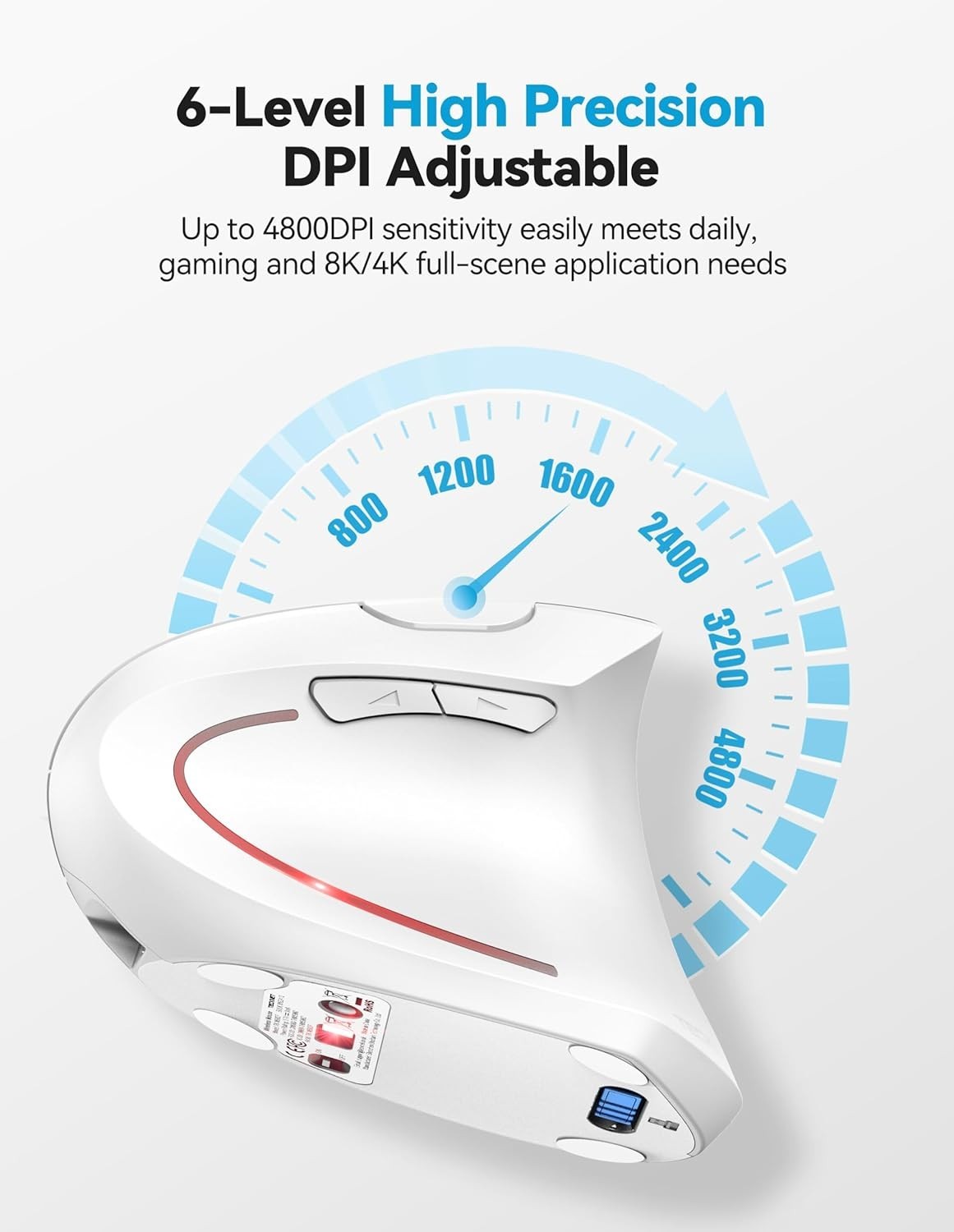 White Vertical Ergonomic Mouse Bluetooth Rechargeable 4800 DPI