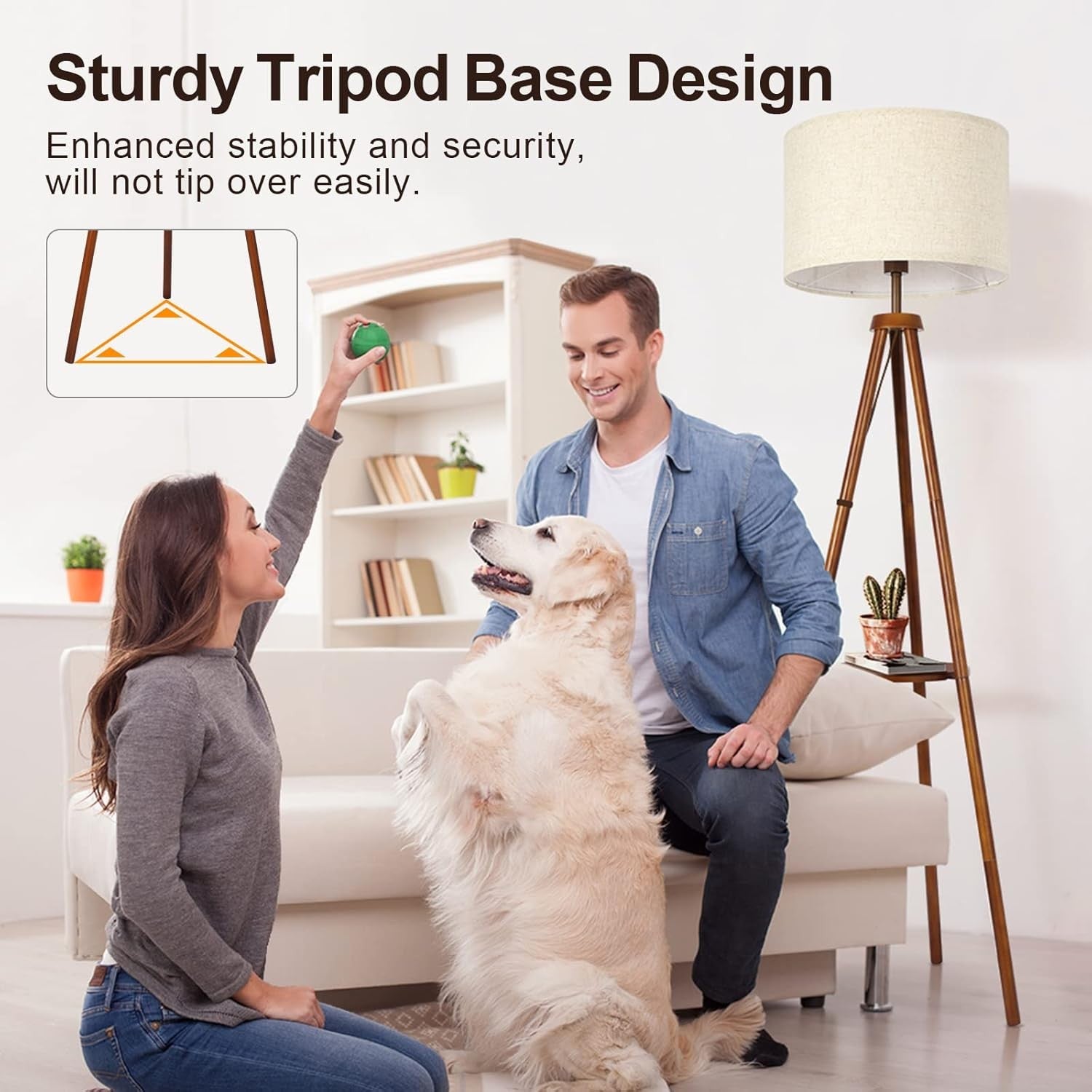 Wooden Tripod Floor Lamp Remote Dimmable Shelf Linen Shade Standing