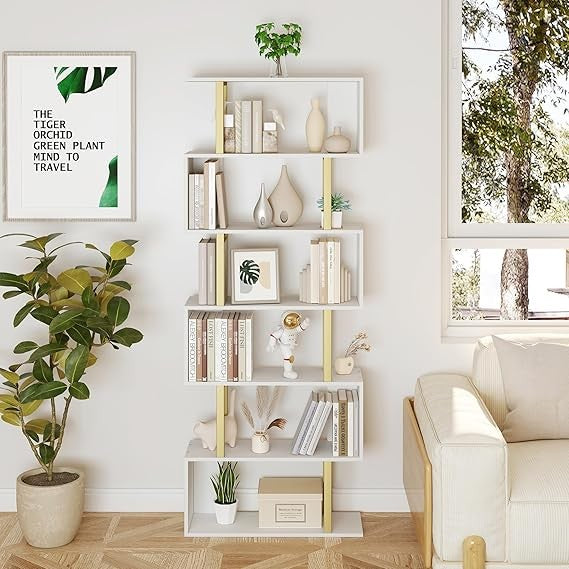 Modern 6-Tier S-Shaped Bookshelf Gold & White Tall Display Storage Unit