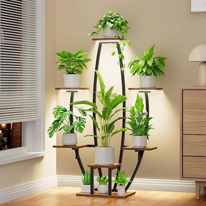 7-Tier Indoor Plant Stand with Grow Lights, Metal Corner Shelf Rack