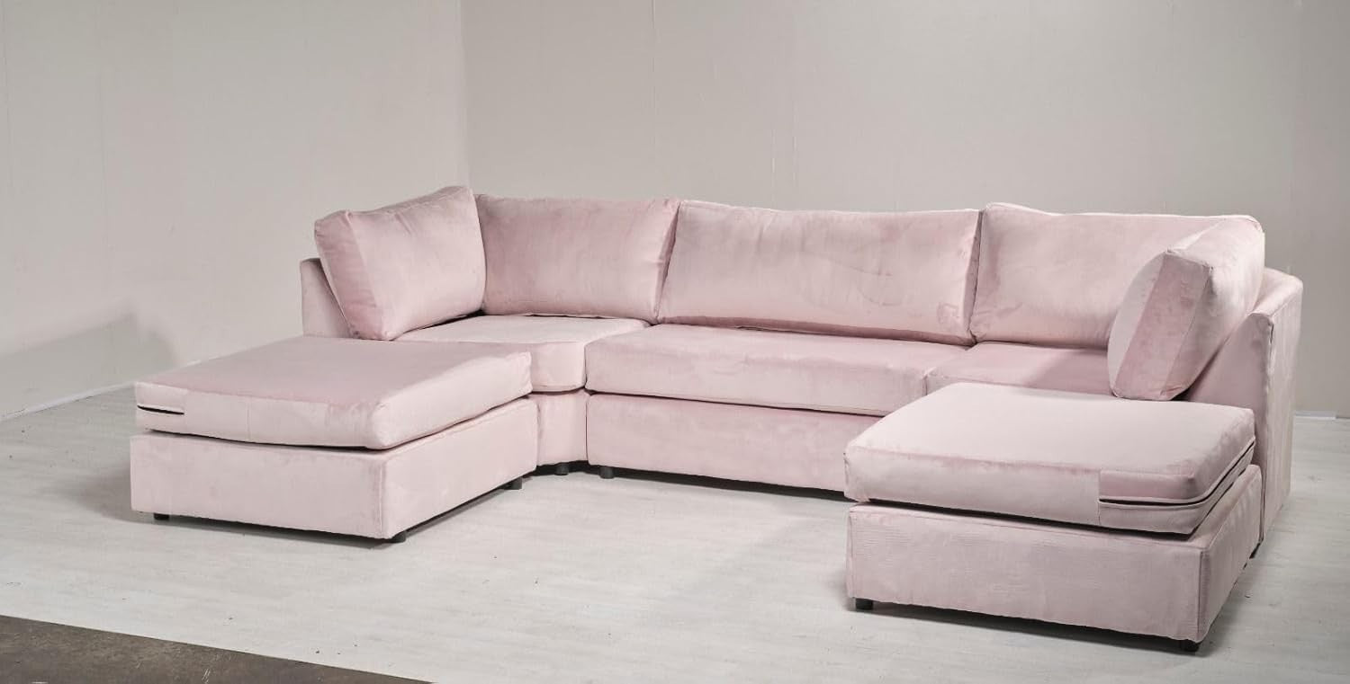Blush Pink Plush U Shaped Sectional Sofa Modern 6 Seater with Chaise