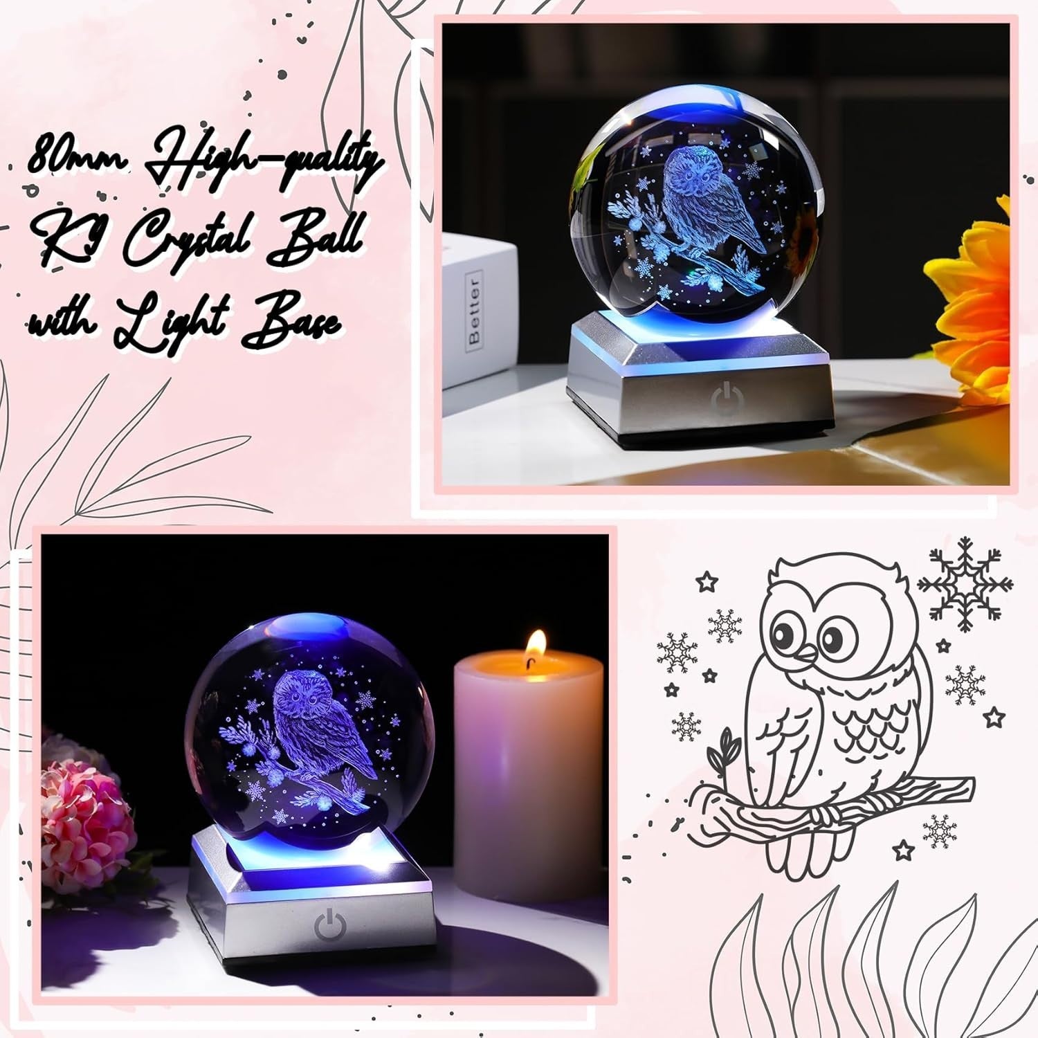 3D Crystal Owl Ball LED Light Sphere Ornament Gift Home Decor 8cm K9 Glass