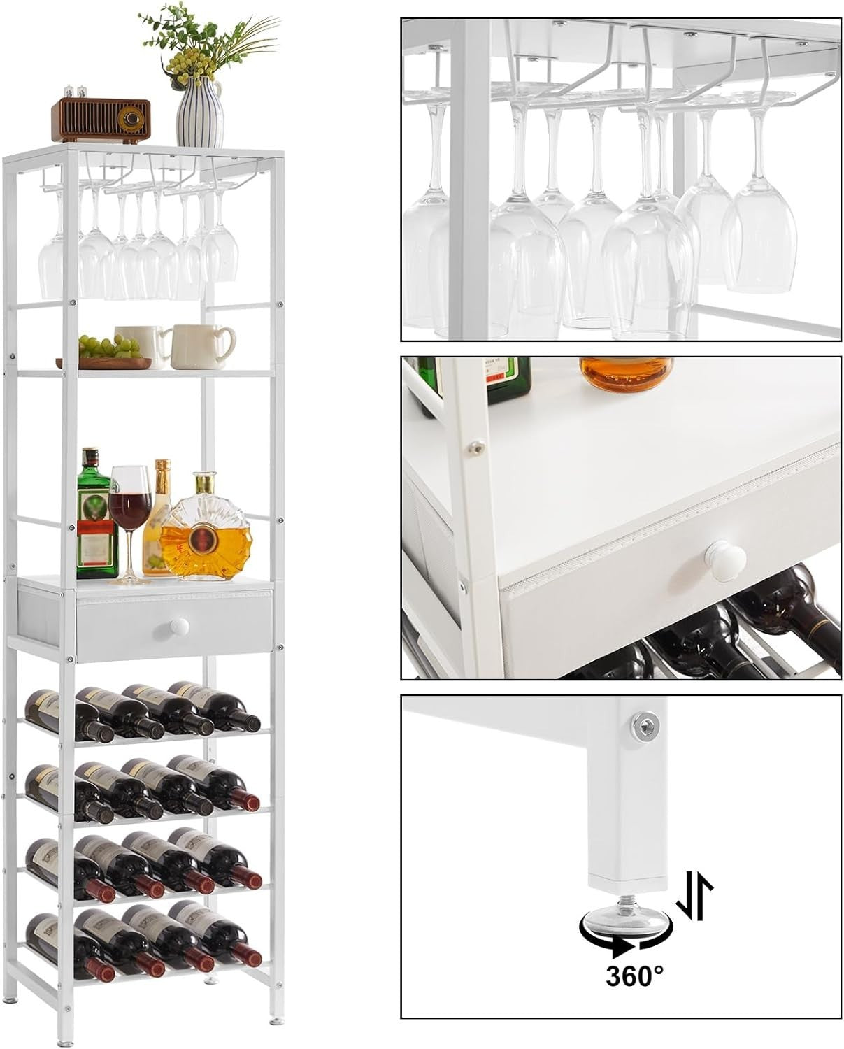 Freestanding Wine Rack Bar Cabinet White 4 Tier with Drawer & Glass Holder