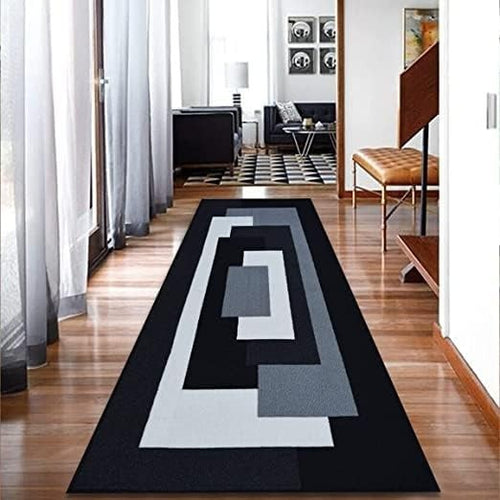 Extra Long Hallway Runner 80x300cm Black Grey Geometric Flat Weave Rug