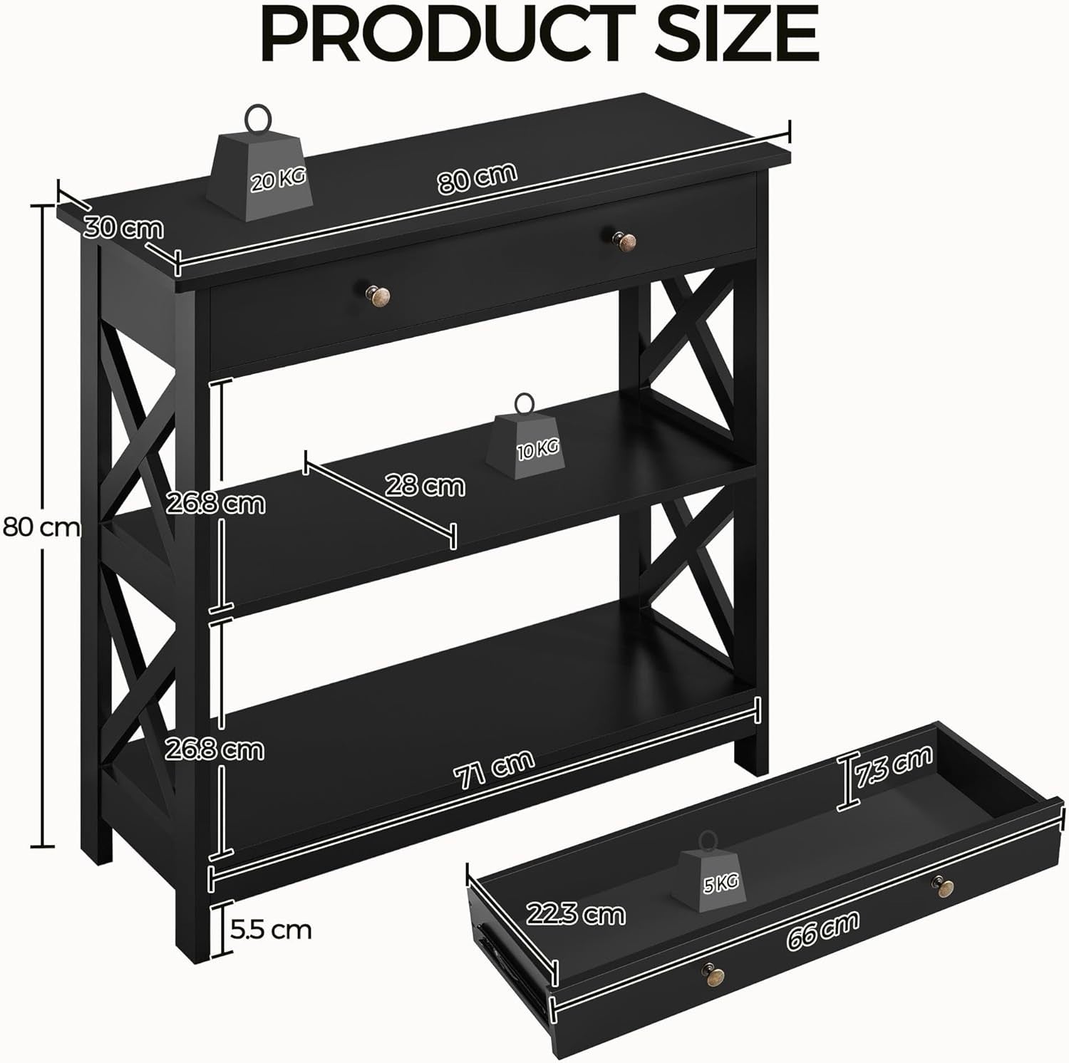 Compact Console Table with Drawer & 2 Shelves, Black, 80x30x80cm, Slim
