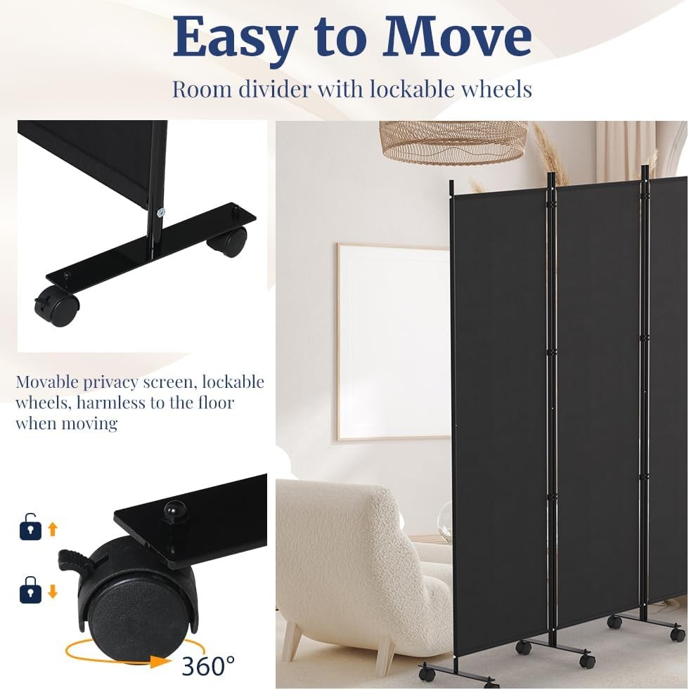 4 Panel Black Folding Room Divider with Lockable Wheels 88x70 Inch