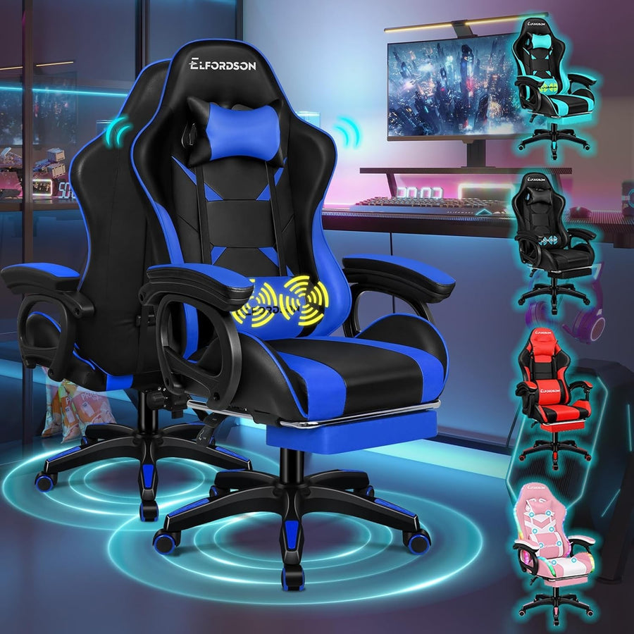 Ergonomic Gaming Chair Recliner Office Swivel Faux Leather Lumbar Massage 150°