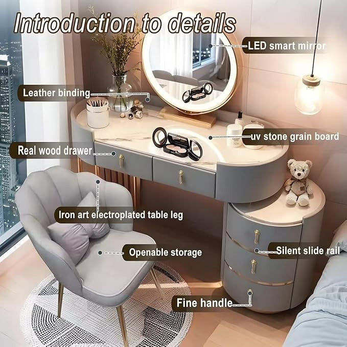 Vanity Makeup Dressing Table 3-Color LED Mirror 4 Drawers Grey Marble Top