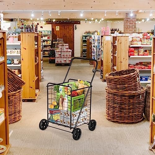 83L Folding Shopping Cart Metal Grocery Trolley Wheels Non-Slip Handle Black