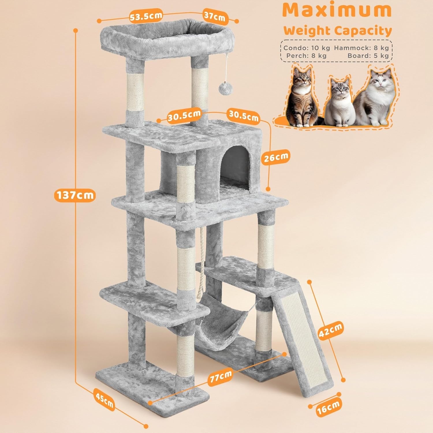 Large Cat Tree 137cm Multi Level Tower With Condo Hammock Scratching Posts
