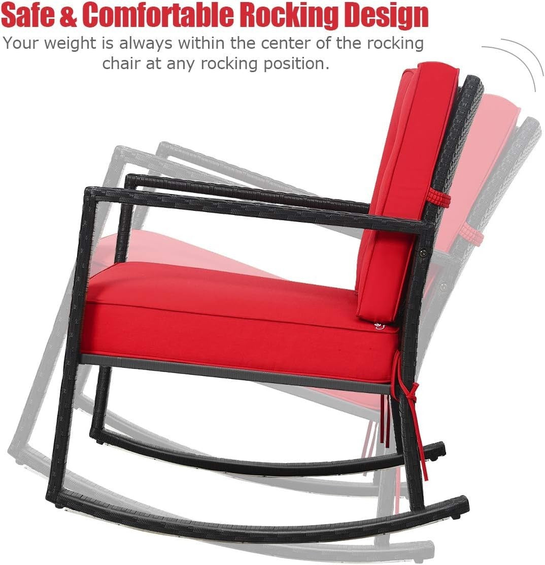 Outdoor Red Rattan Rocking Chair with Cushions & Armrests Patio Glider