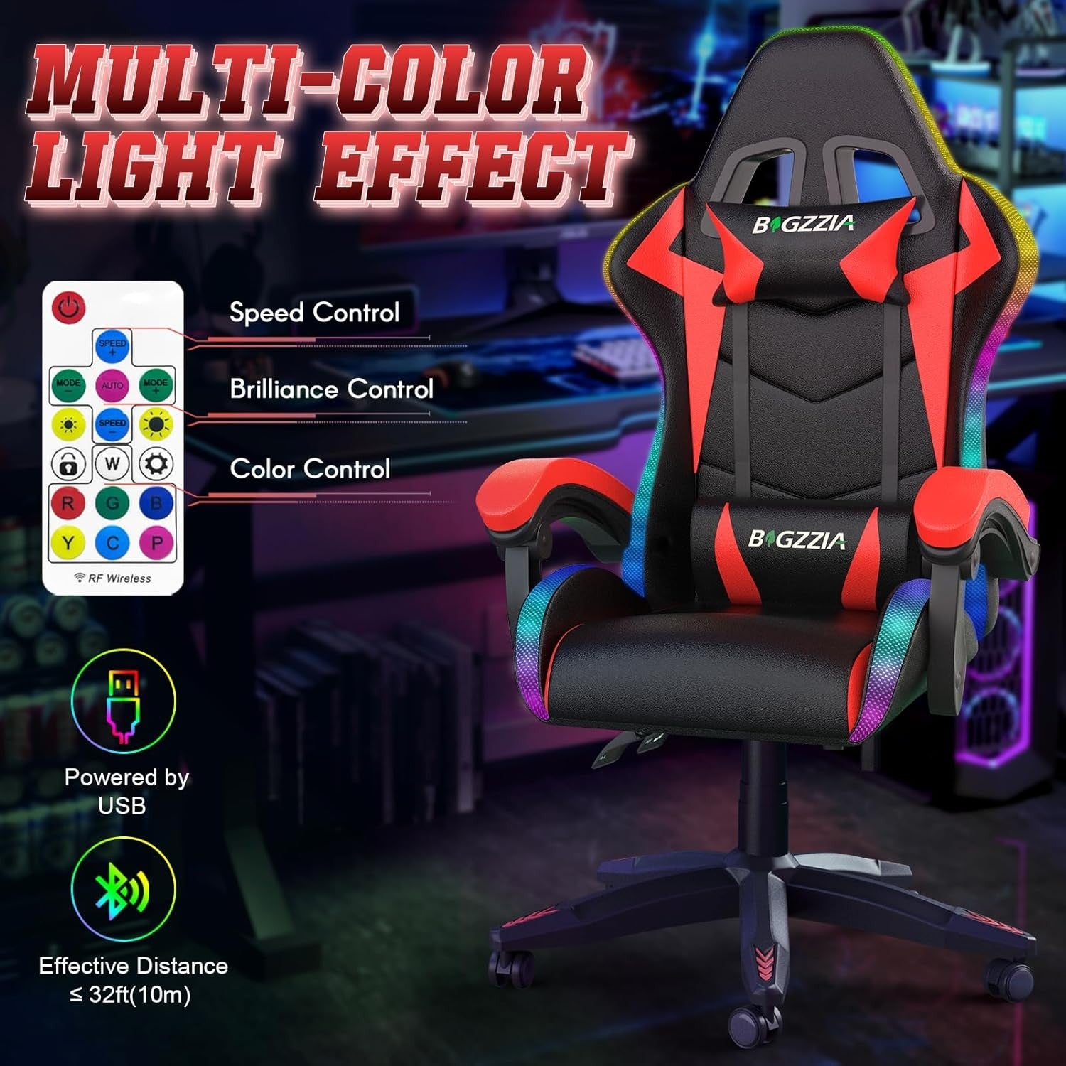 RGB Gaming Chair LED Lights Reclining PU Leather Red Black