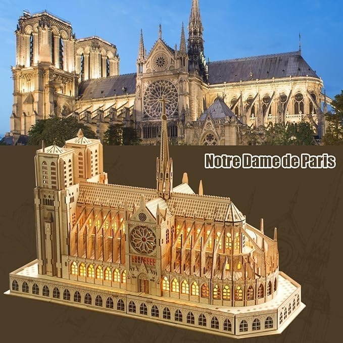 LED Lit Notre Dame de Paris 3D Wooden Puzzle Model – Realistic Build Kit