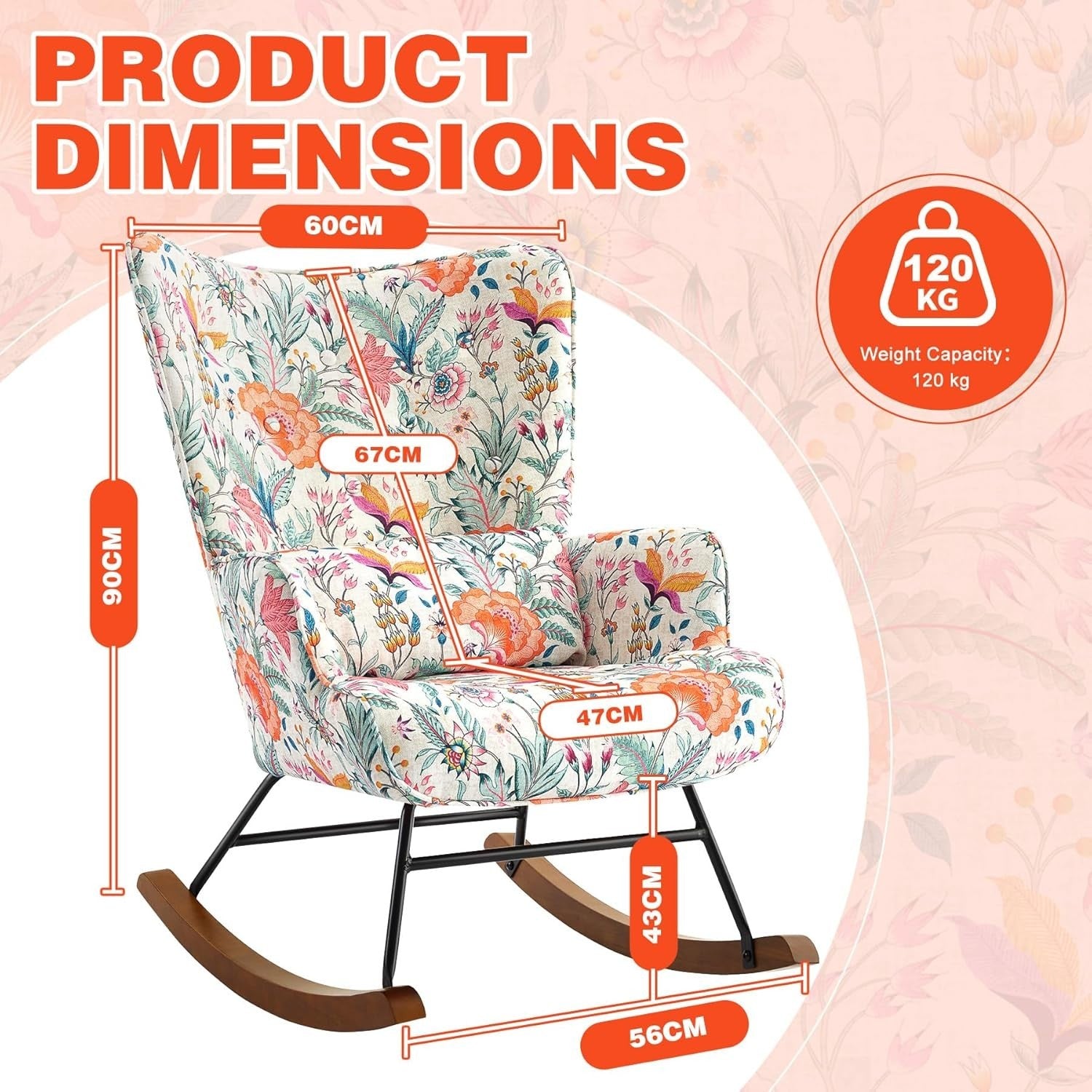 Floral Rocking Chair with Lumbar Support – Comfy Wood Accent Armchair 90cm