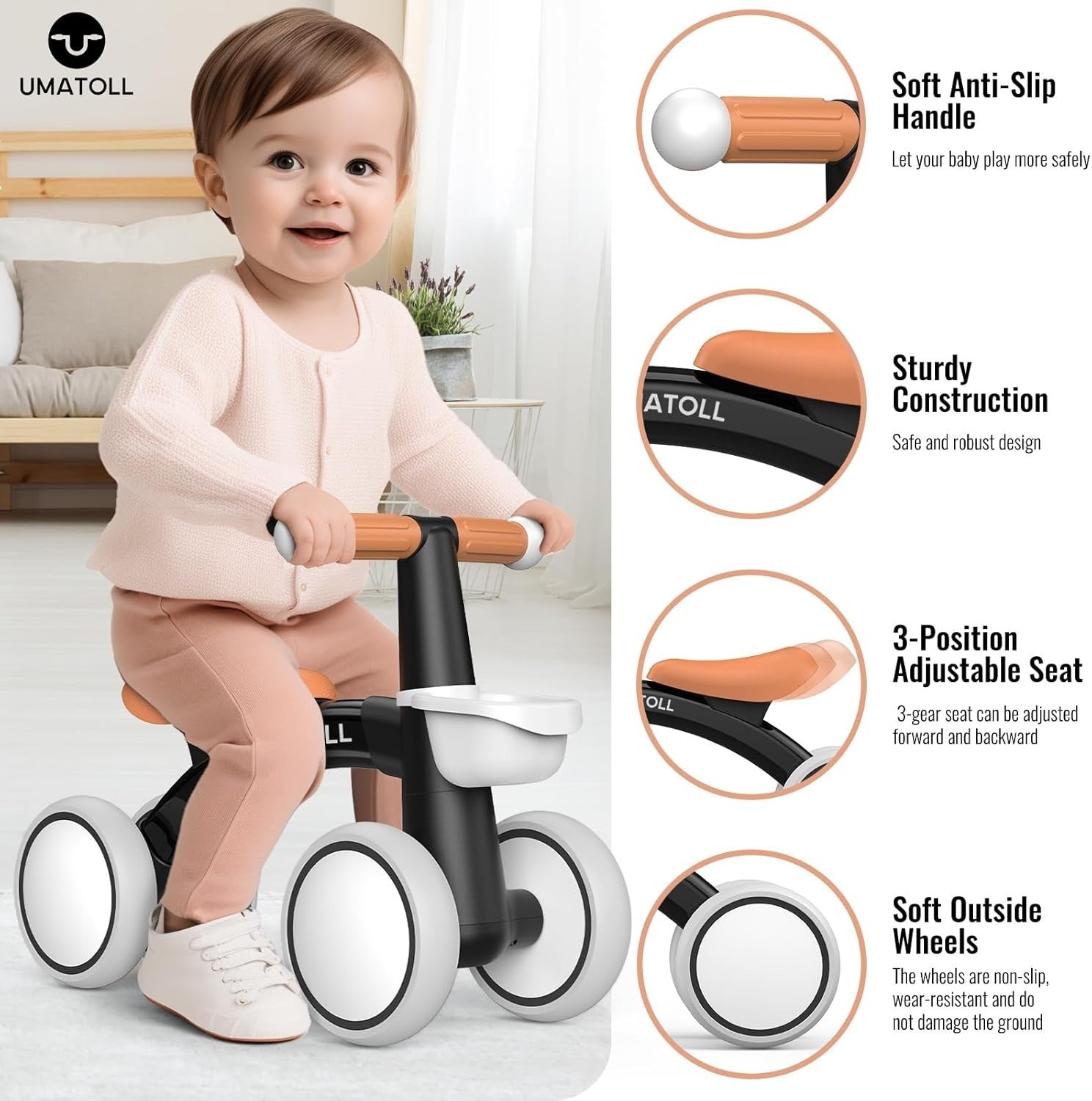 Toddler Balance Bike 12-24 Months Adjustable Seat 4 Wheel Black