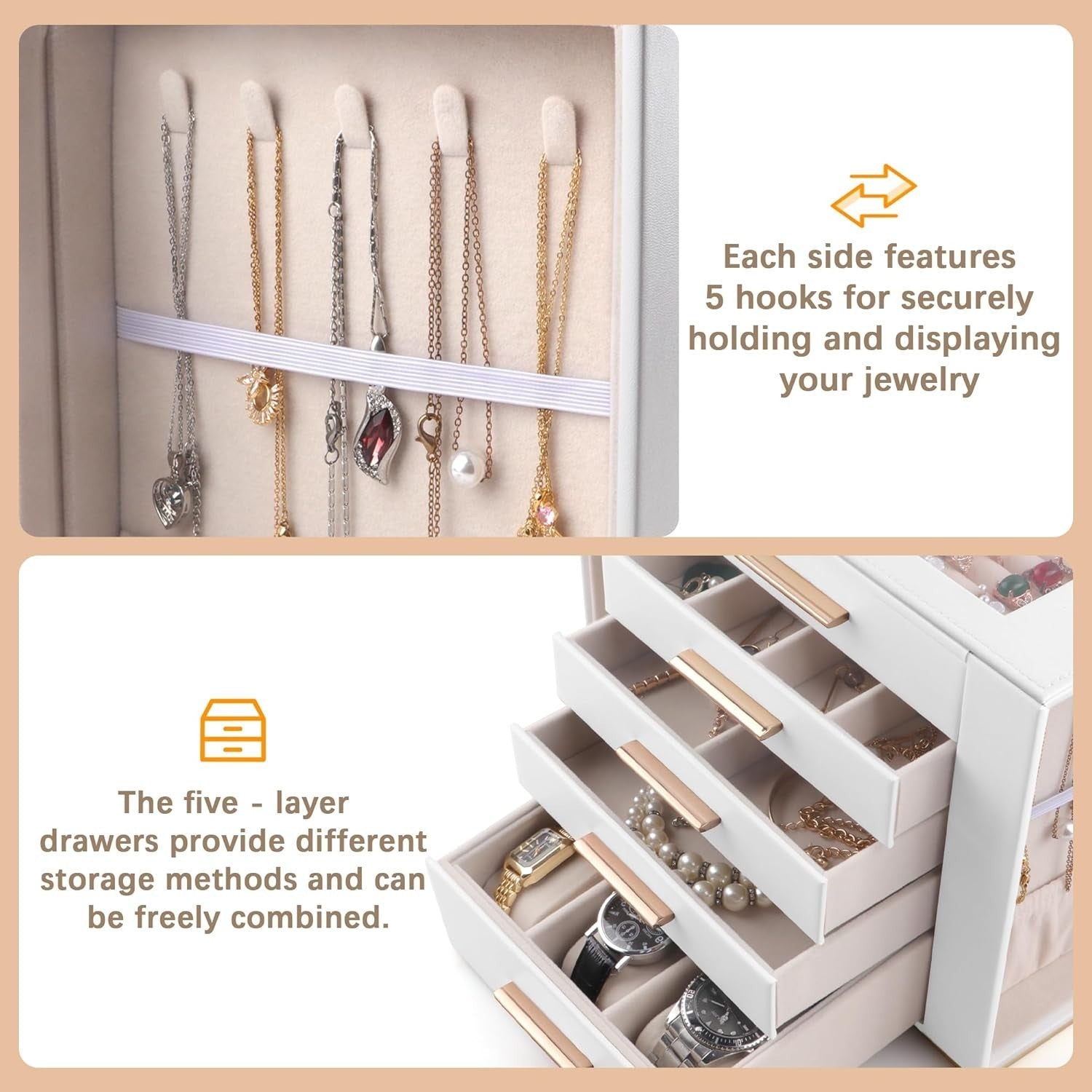 White PU Leather Jewellery Organizer Box 5 Layer Drawer Storage Case