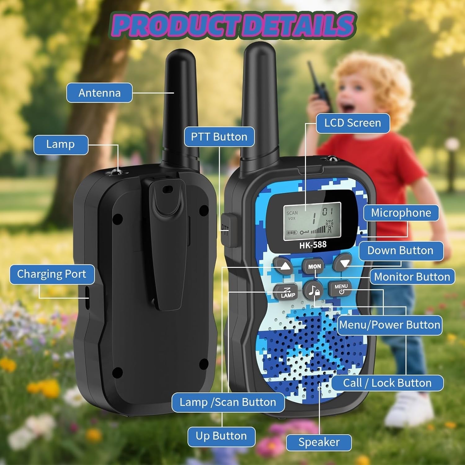 Kids Walkie Talkies Rechargeable 3 Pack 8 Channel VOX Long Range Camo