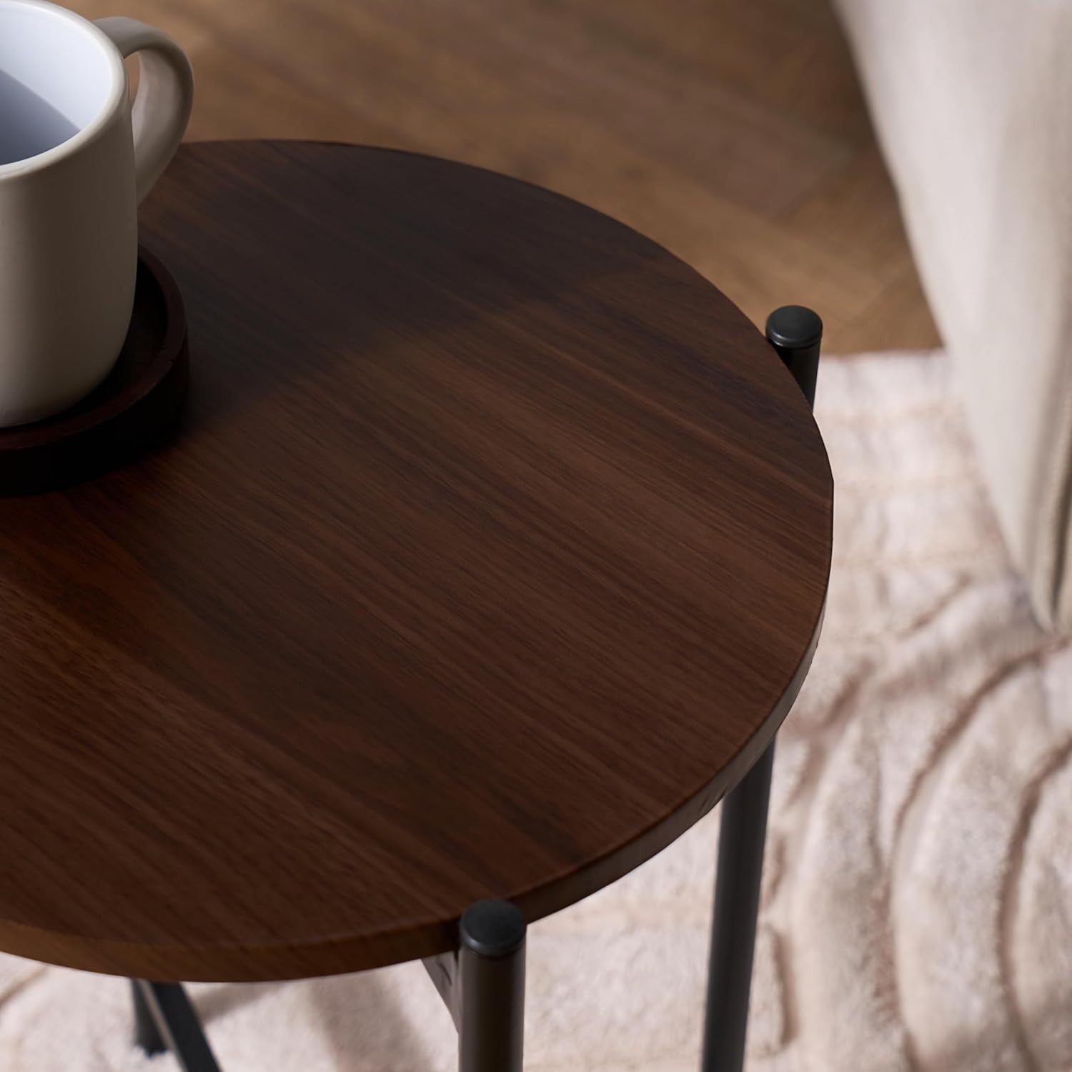 Round Dark Wood Top Side Table Small Coffee End Table for Living Room