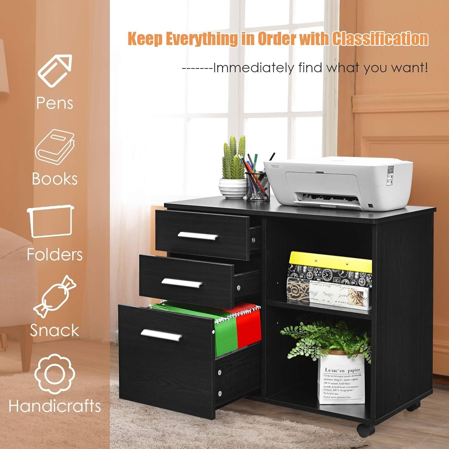 Lateral Mobile Filing Cabinet 3 Drawer Letter Size Printer Stand